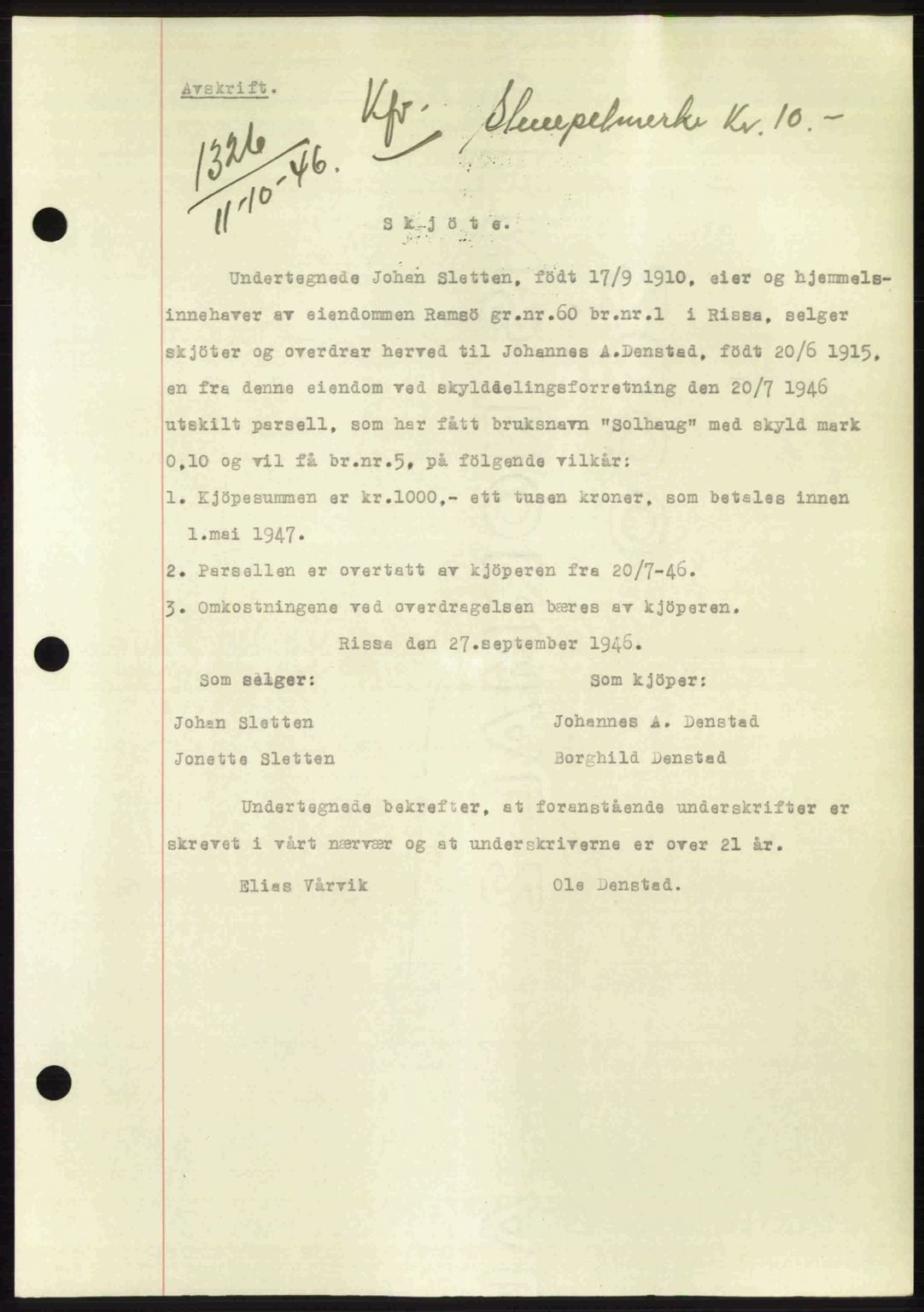 Fosen sorenskriveri, AV/SAT-A-1107/1/2/2C: Mortgage book no. A4-6, 1946-1947, Diary no: : 1326/1946