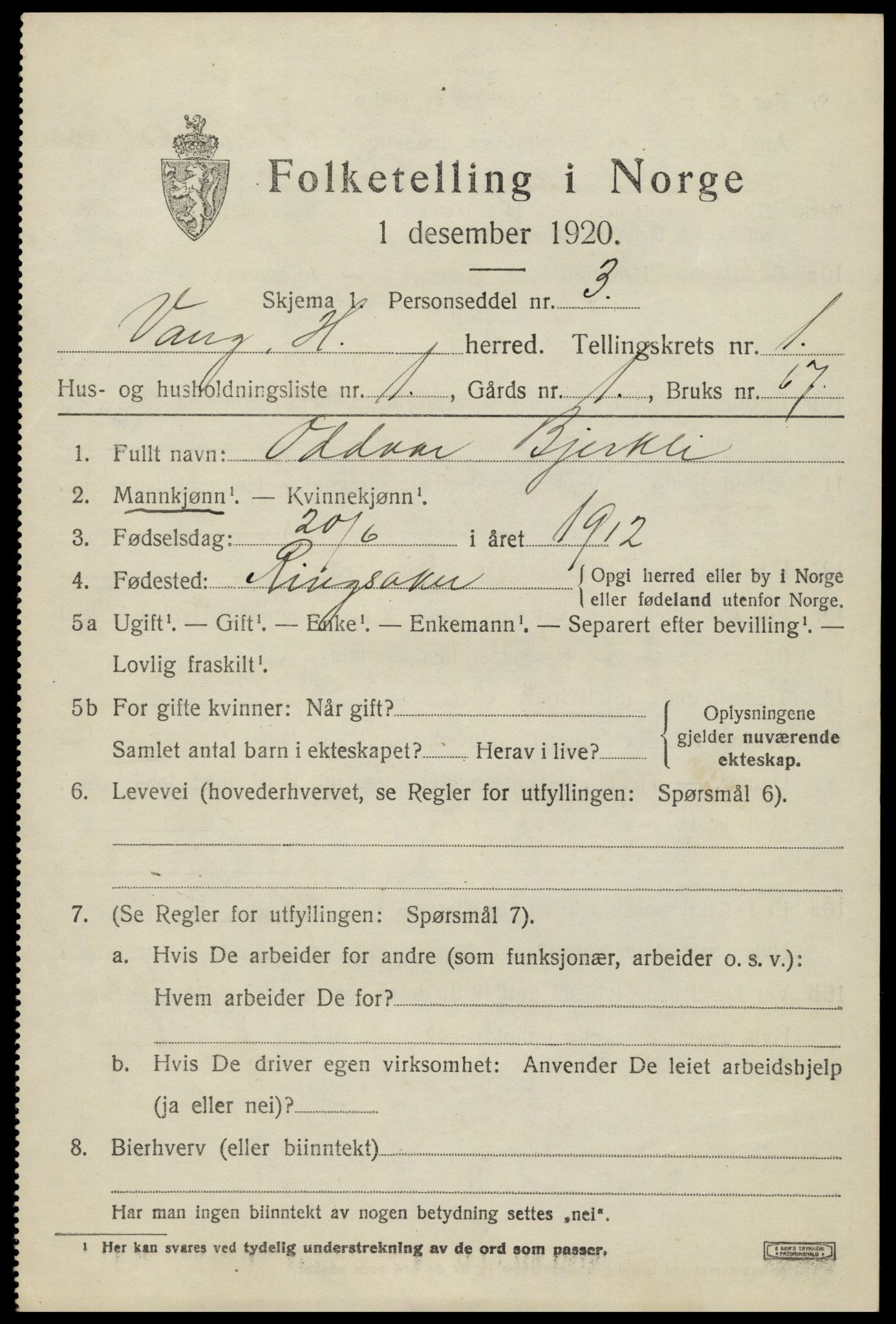 SAH, 1920 census for Vang (Hedmark), 1920, p. 2787