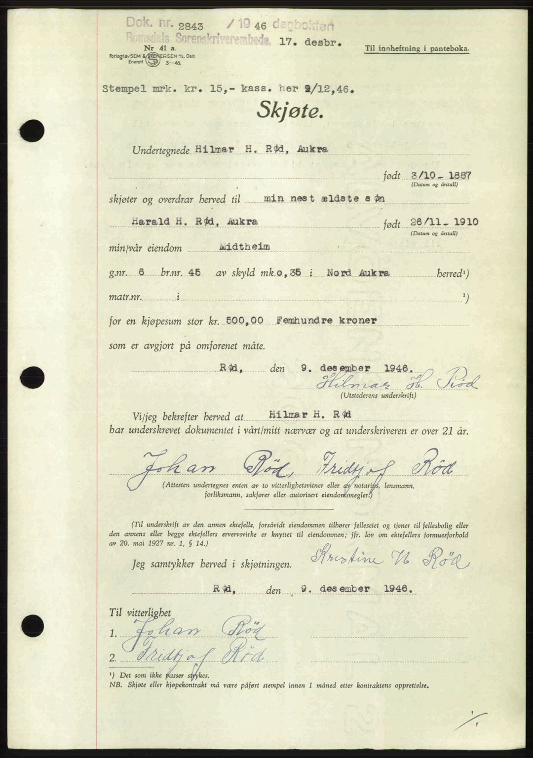 Romsdal sorenskriveri, AV/SAT-A-4149/1/2/2C: Mortgage book no. A21, 1946-1946, Diary no: : 2843/1946