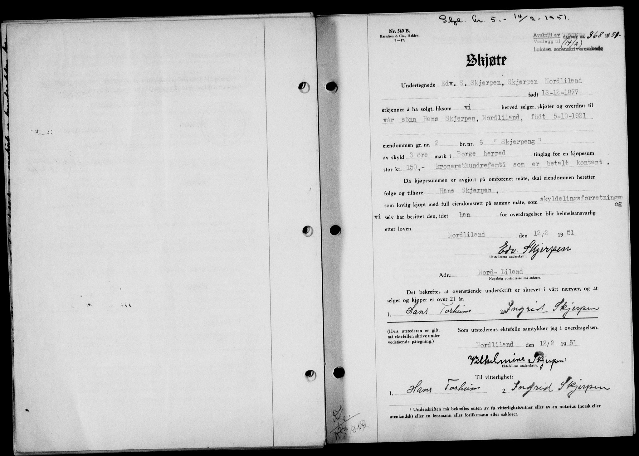 Lofoten sorenskriveri, SAT/A-0017/1/2/2C/L0025a: Mortgage book no. 25a, 1950-1951, Diary no: : 368/1951