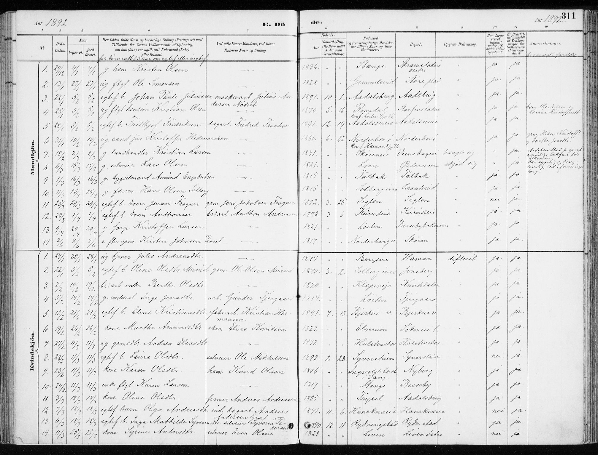 Løten prestekontor, SAH/PREST-022/K/Ka/L0010: Parish register (official) no. 10, 1892-1907, p. 311