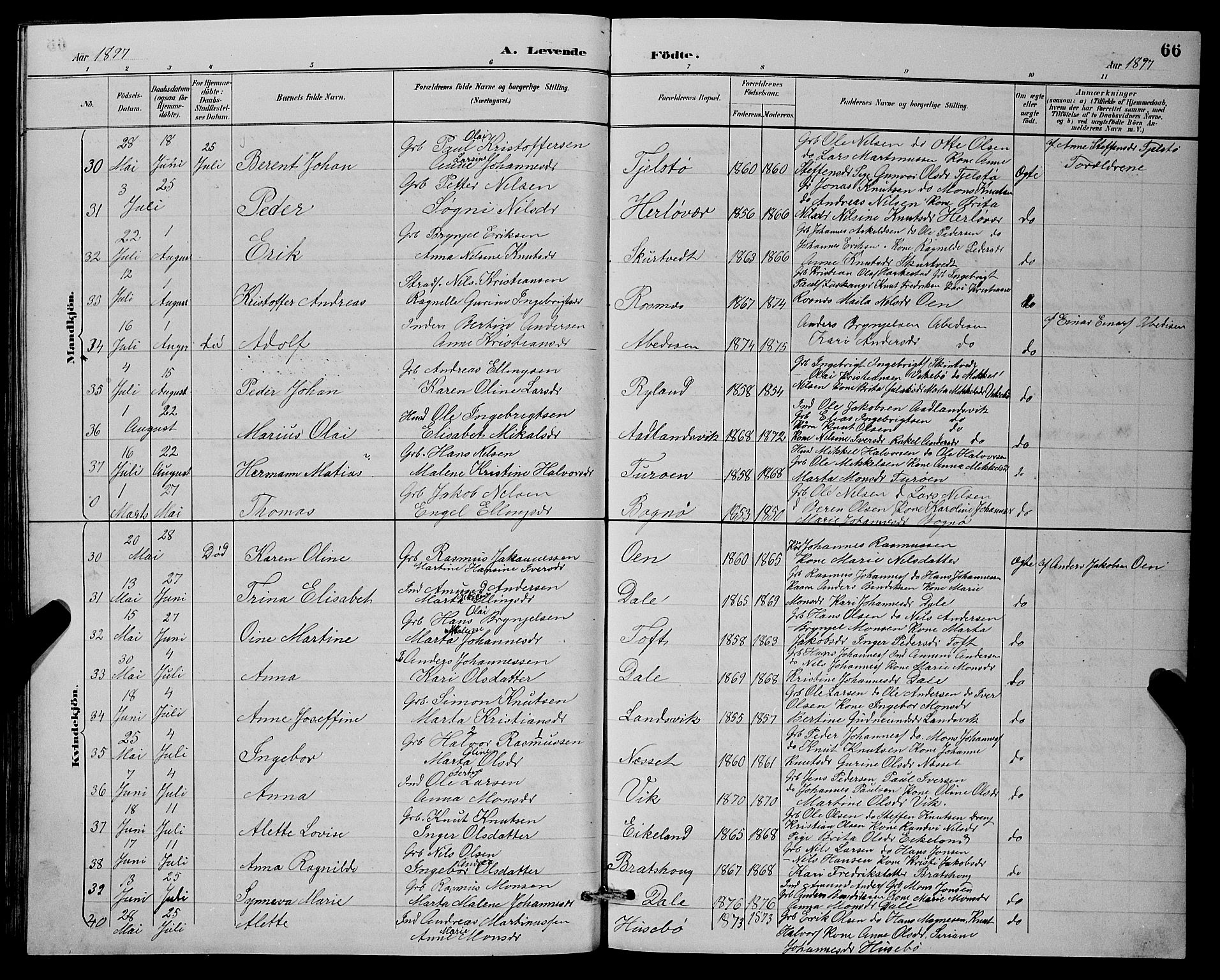 Herdla Sokneprestembete, AV/SAB-A-75701/H/Hab: Parish register (copy) no. A 3, 1889-1899, p. 66