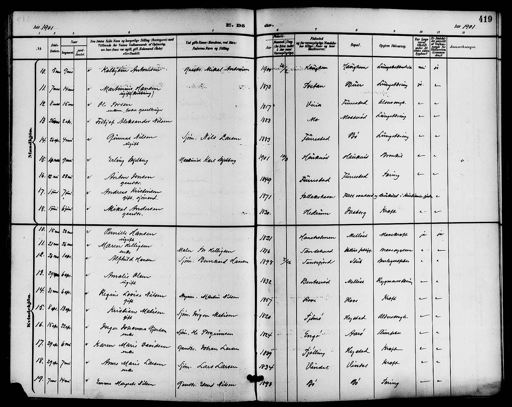 Sandar kirkebøker, AV/SAKO-A-243/G/Ga/L0002: Parish register (copy) no. 2, 1900-1915, p. 419