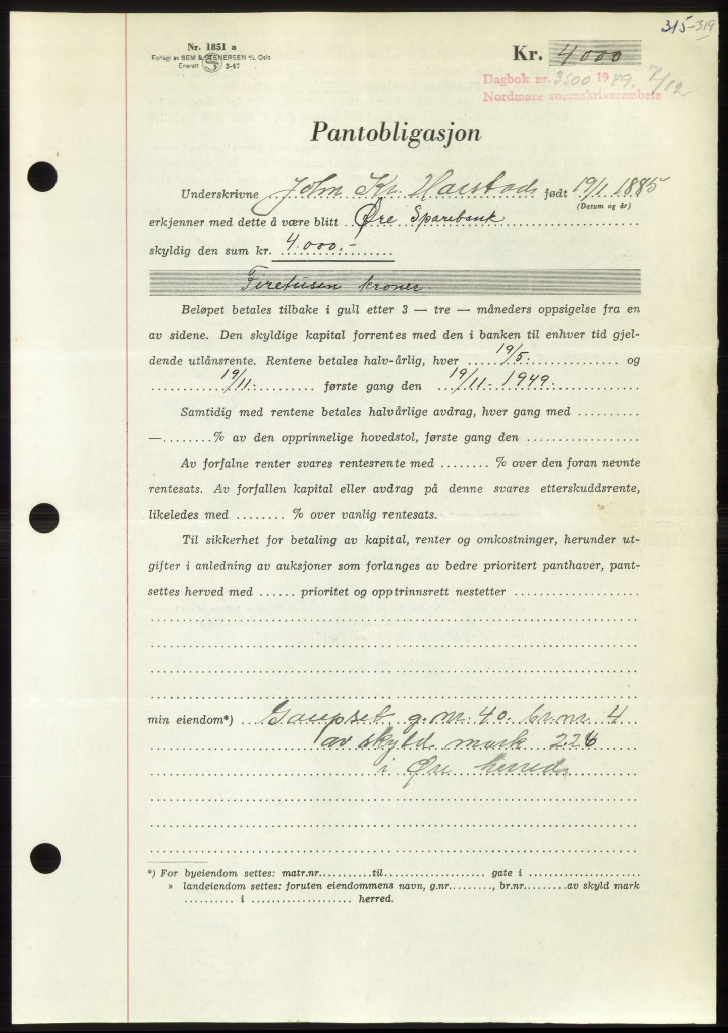 Nordmøre sorenskriveri, AV/SAT-A-4132/1/2/2Ca: Mortgage book no. B103, 1949-1950, Diary no: : 3500/1949