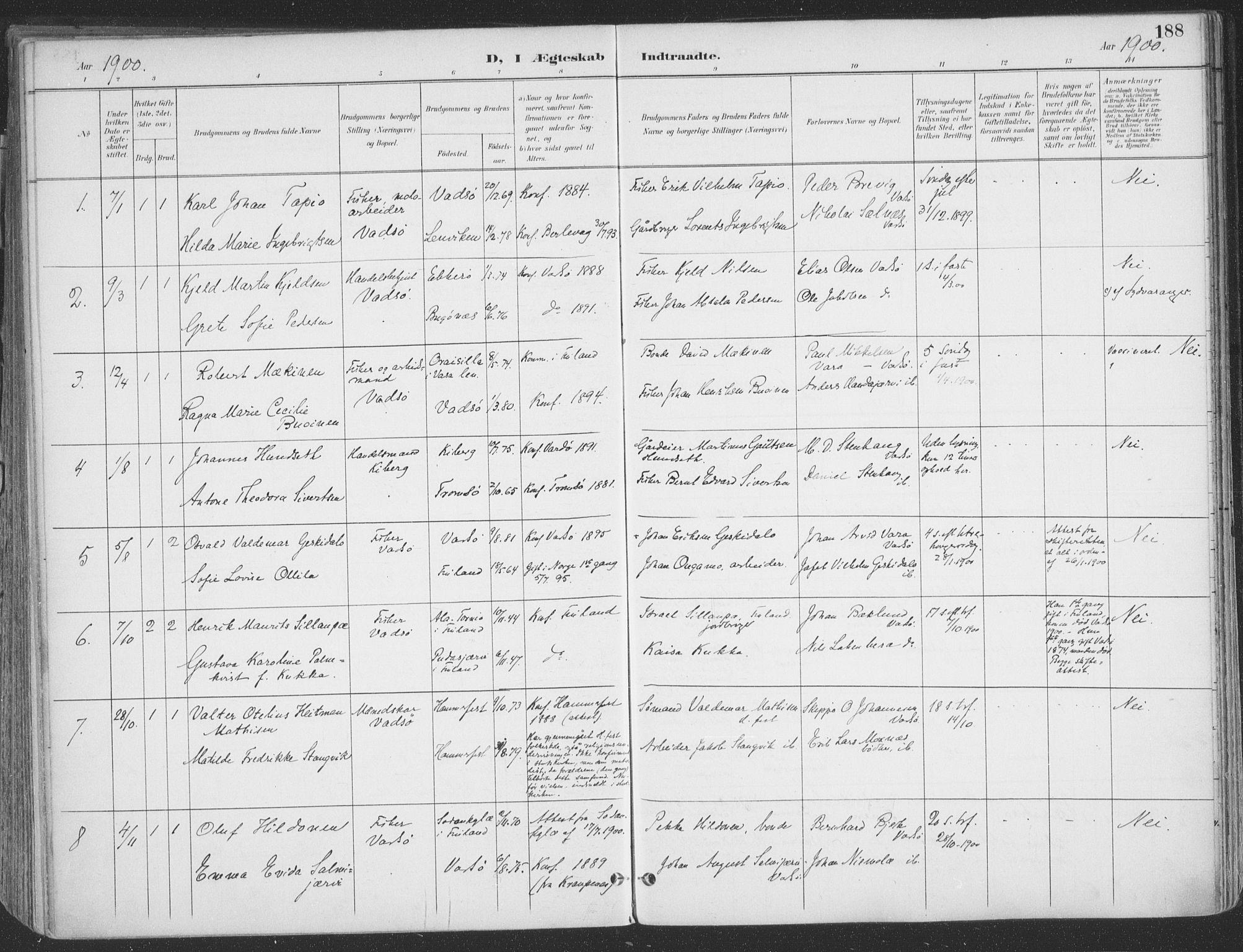 Vadsø sokneprestkontor, SATØ/S-1325/H/Ha/L0007kirke: Parish register (official) no. 7, 1896-1916, p. 188