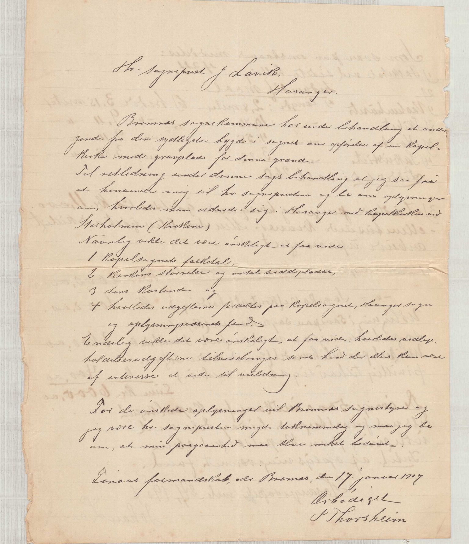 Finnaas kommune. Formannskapet, IKAH/1218a-021/D/Da/L0001/0006: Korrespondanse / saker / Kapellkyrkje på Løkling, 1906-1910, p. 22