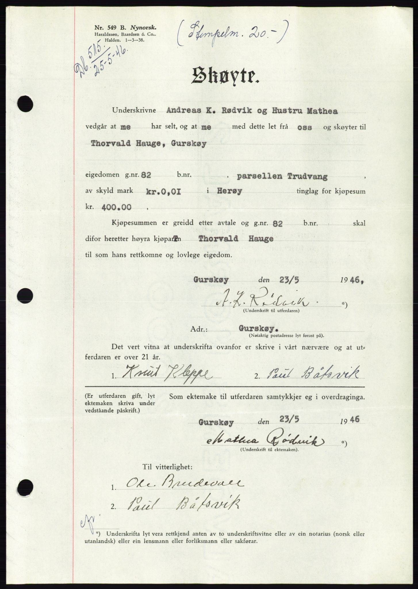 Søre Sunnmøre sorenskriveri, AV/SAT-A-4122/1/2/2C/L0078: Mortgage book no. 4A, 1946-1946, Diary no: : 515/1946