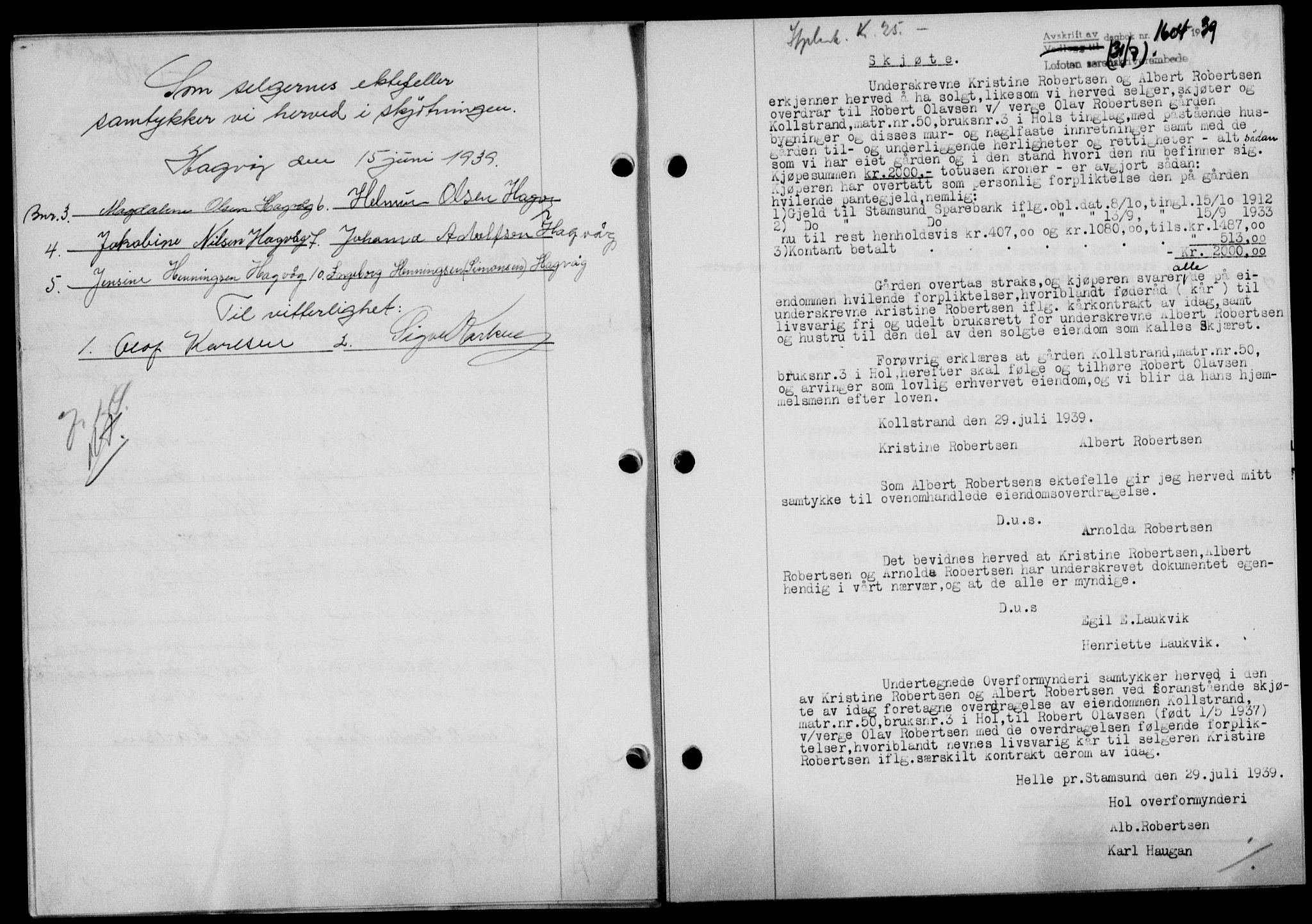 Lofoten sorenskriveri, SAT/A-0017/1/2/2C/L0006a: Mortgage book no. 6a, 1939-1939, Diary no: : 1604/1939