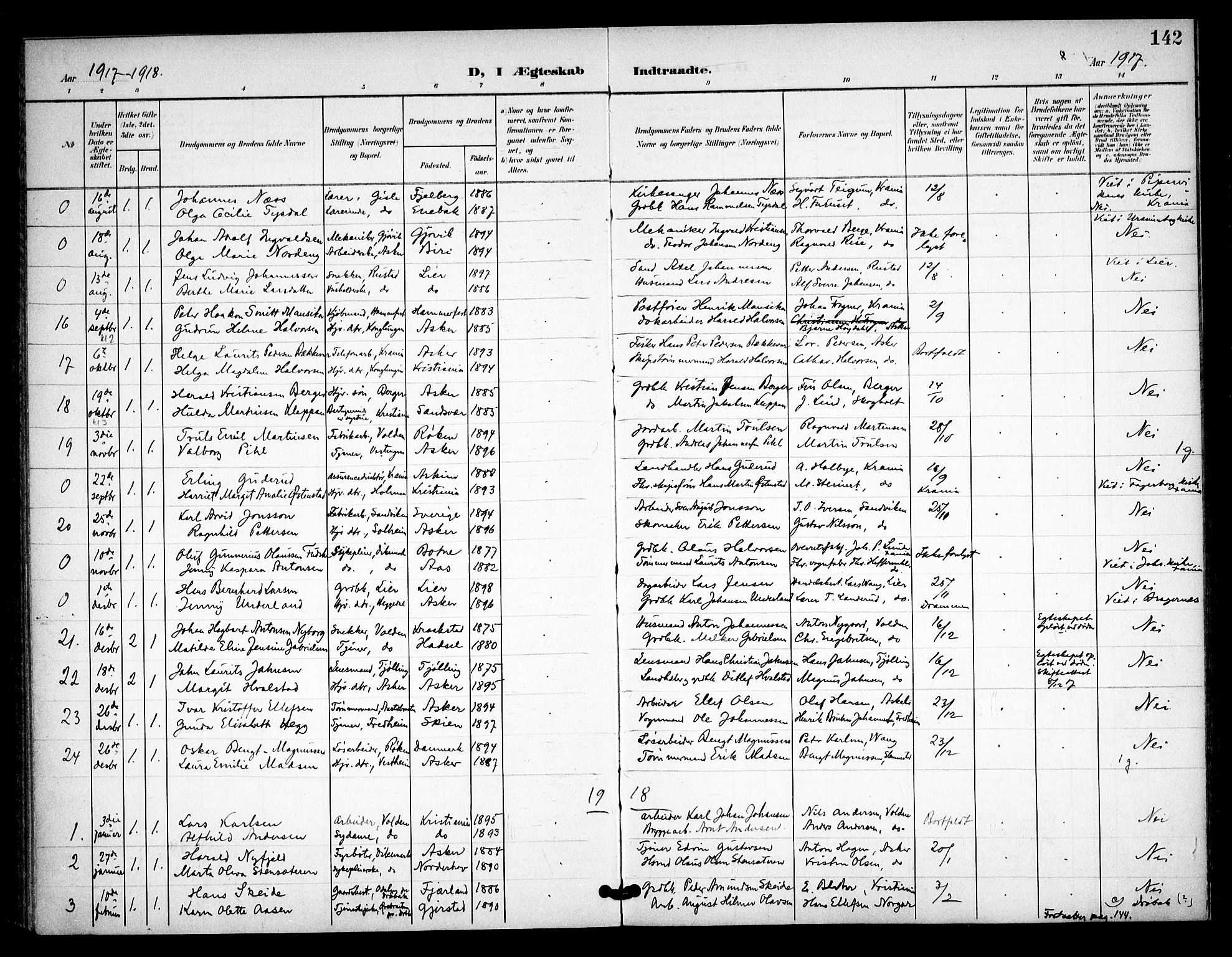 Asker prestekontor Kirkebøker, SAO/A-10256a/F/Fa/L0016: Parish register (official) no. I 16, 1900-1917, p. 142