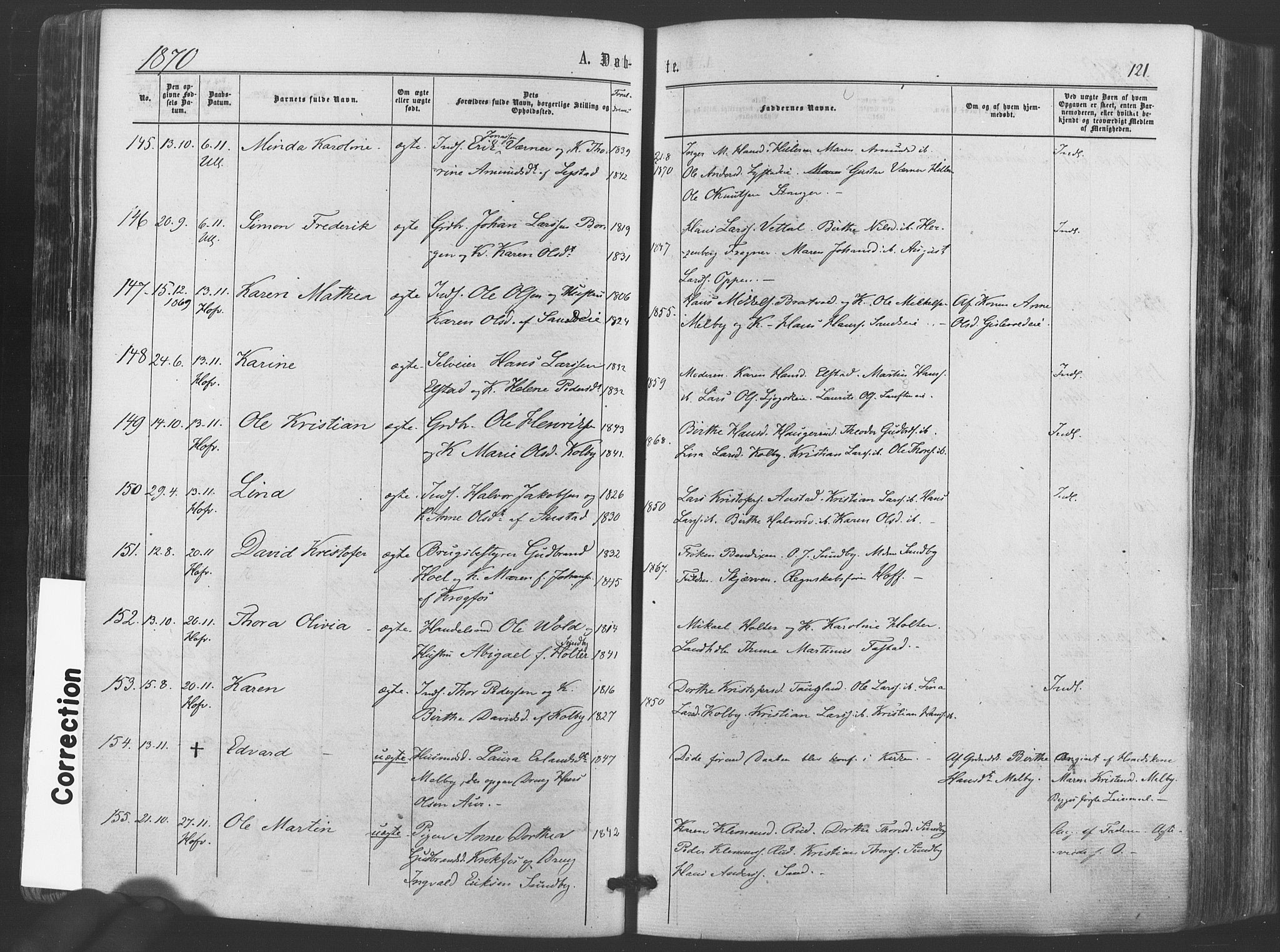 Ullensaker prestekontor Kirkebøker, AV/SAO-A-10236a/F/Fa/L0016: Parish register (official) no. I 16, 1863-1875, p. 121