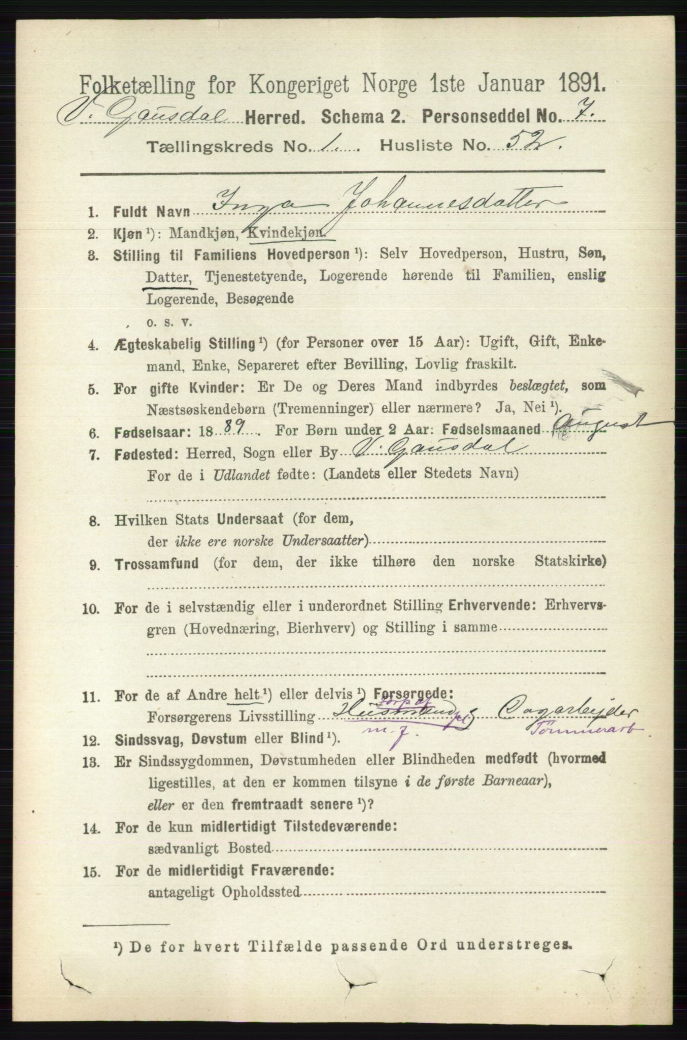 RA, 1891 census for 0523 Vestre Gausdal, 1891, p. 368