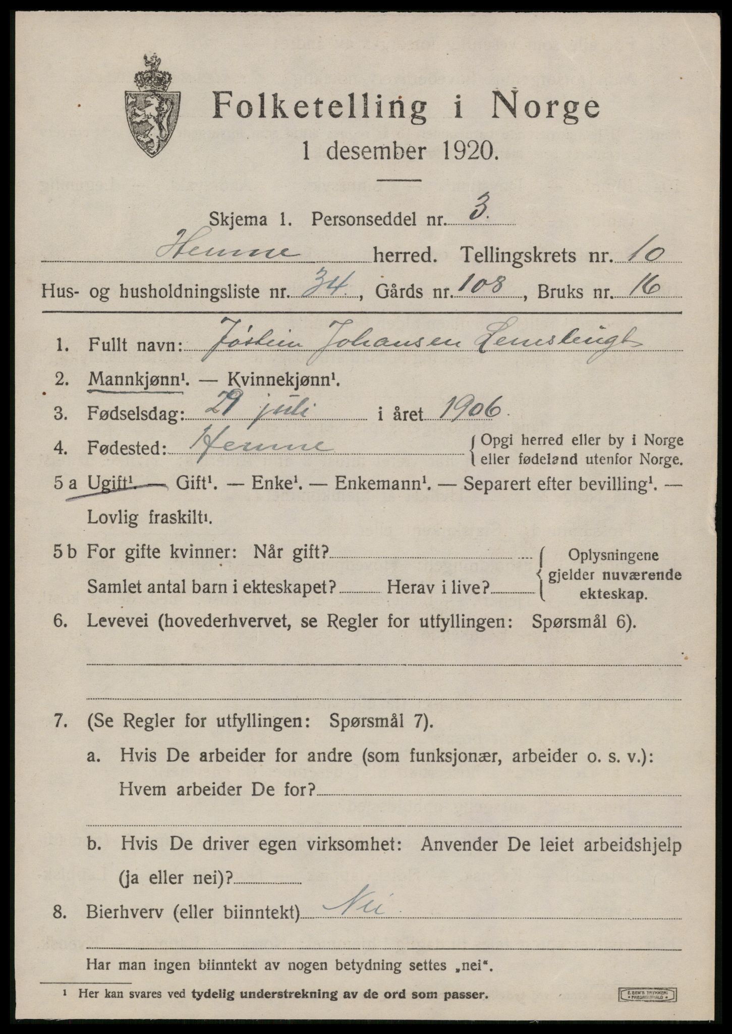 SAT, 1920 census for Hemne, 1920, p. 6504