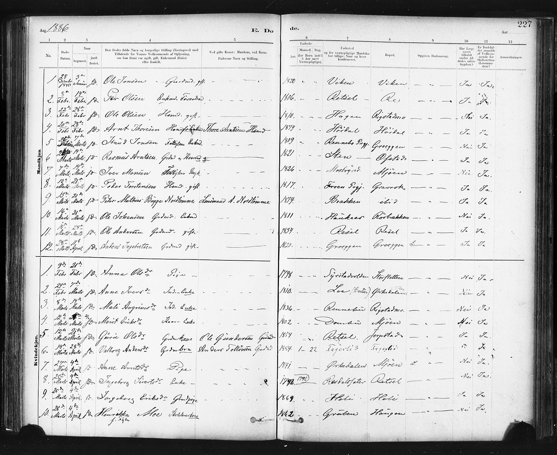 Ministerialprotokoller, klokkerbøker og fødselsregistre - Sør-Trøndelag, SAT/A-1456/672/L0857: Parish register (official) no. 672A09, 1882-1893, p. 227