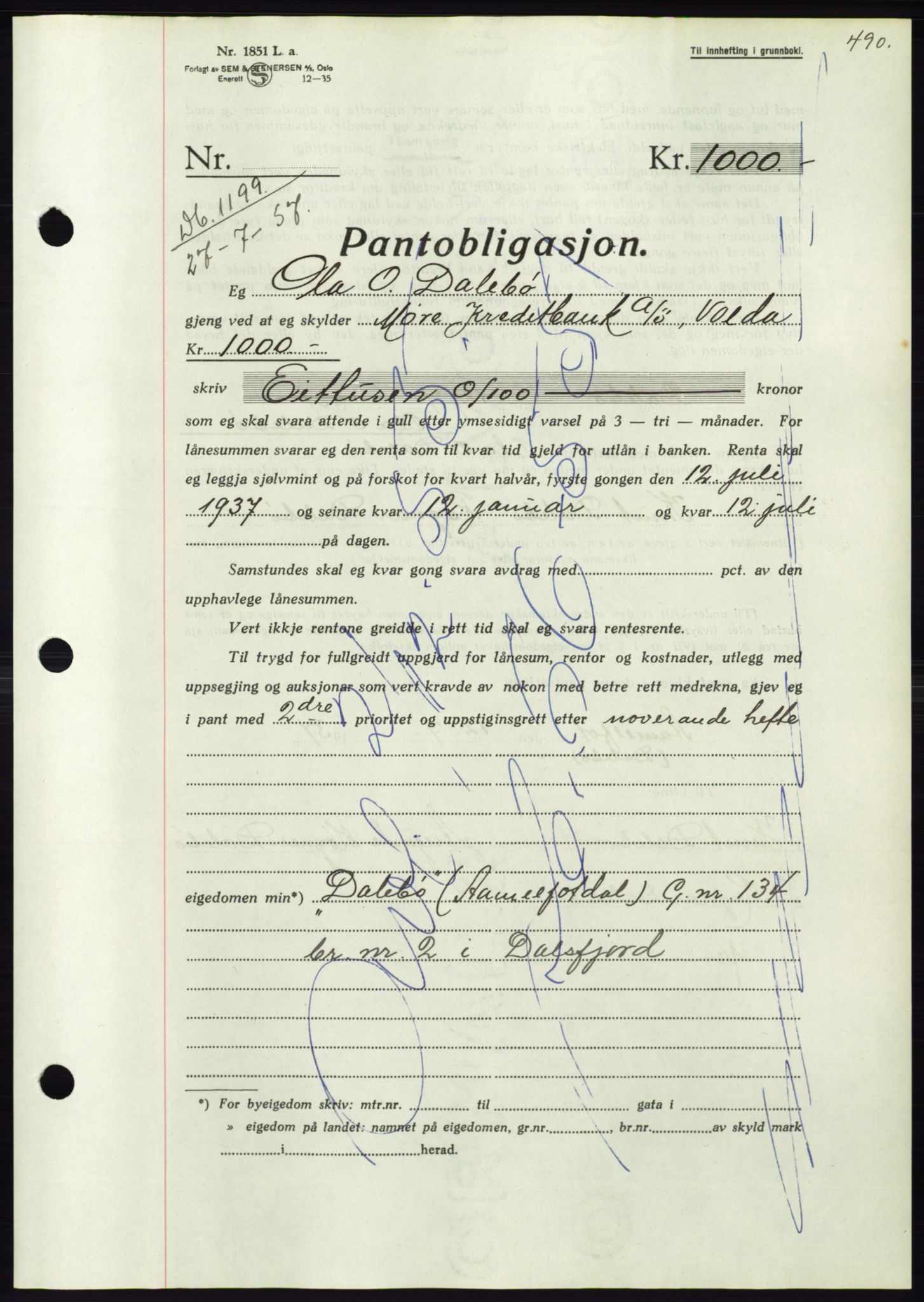 Søre Sunnmøre sorenskriveri, AV/SAT-A-4122/1/2/2C/L0063: Mortgage book no. 57, 1937-1937, Diary no: : 1199/1937