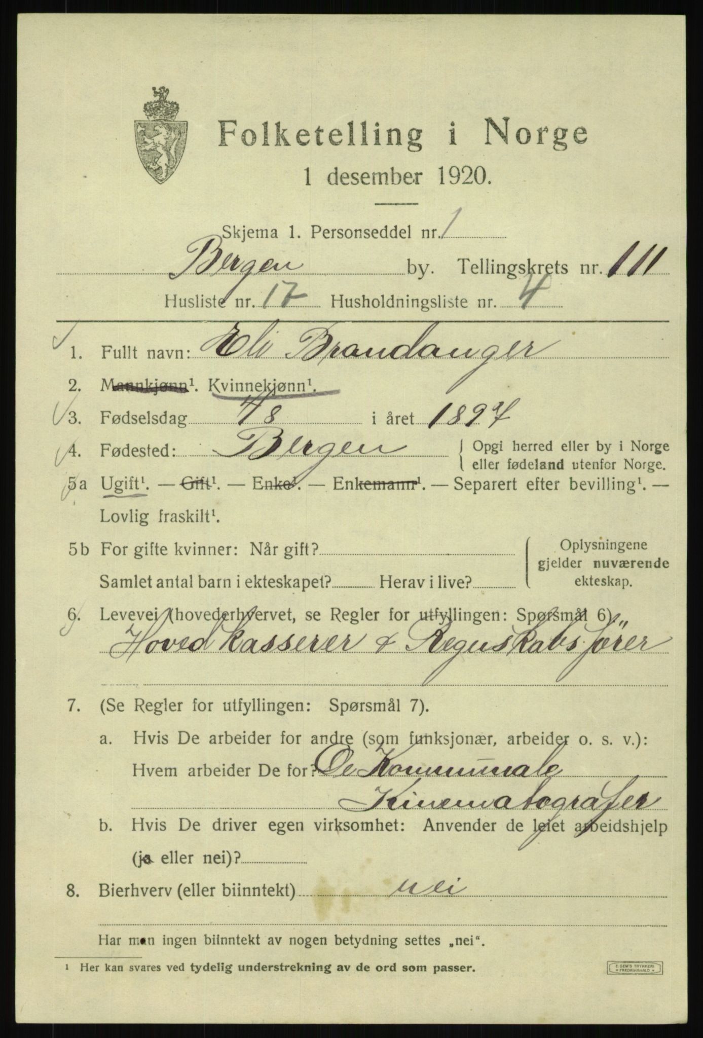 SAB, 1920 census for Bergen, 1920, p. 191505