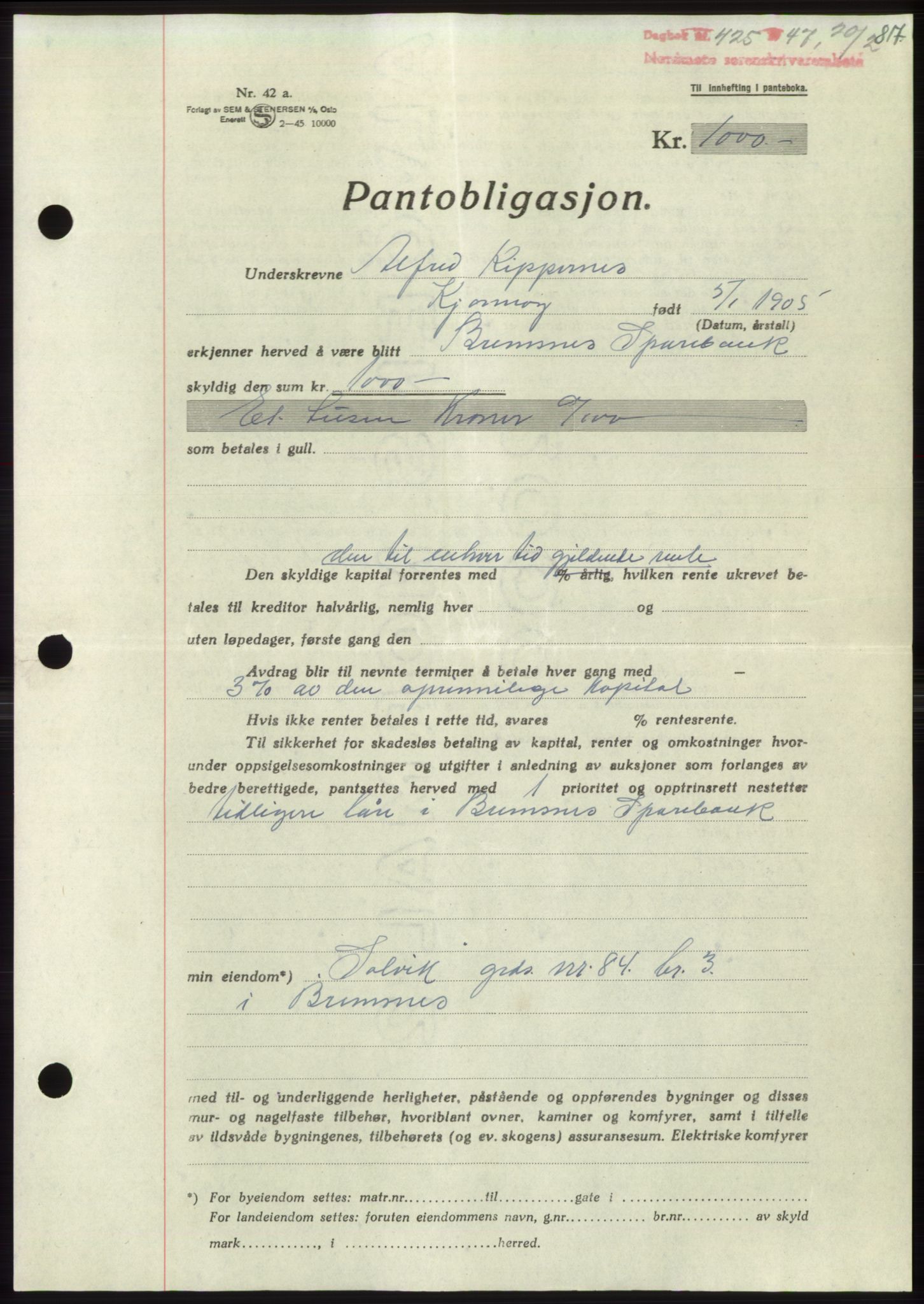 Nordmøre sorenskriveri, AV/SAT-A-4132/1/2/2Ca: Mortgage book no. B95, 1946-1947, Diary no: : 425/1947