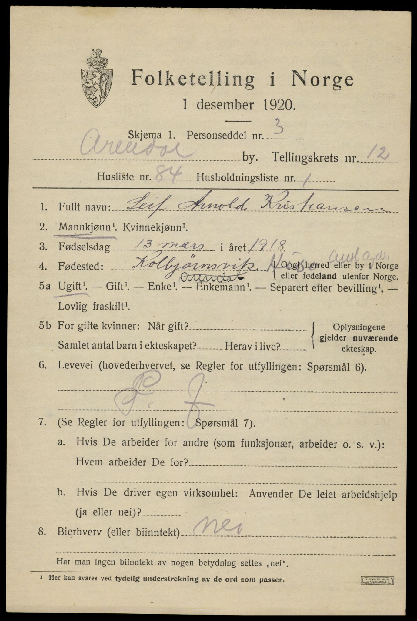 SAK, 1920 census for Arendal, 1920, p. 20258