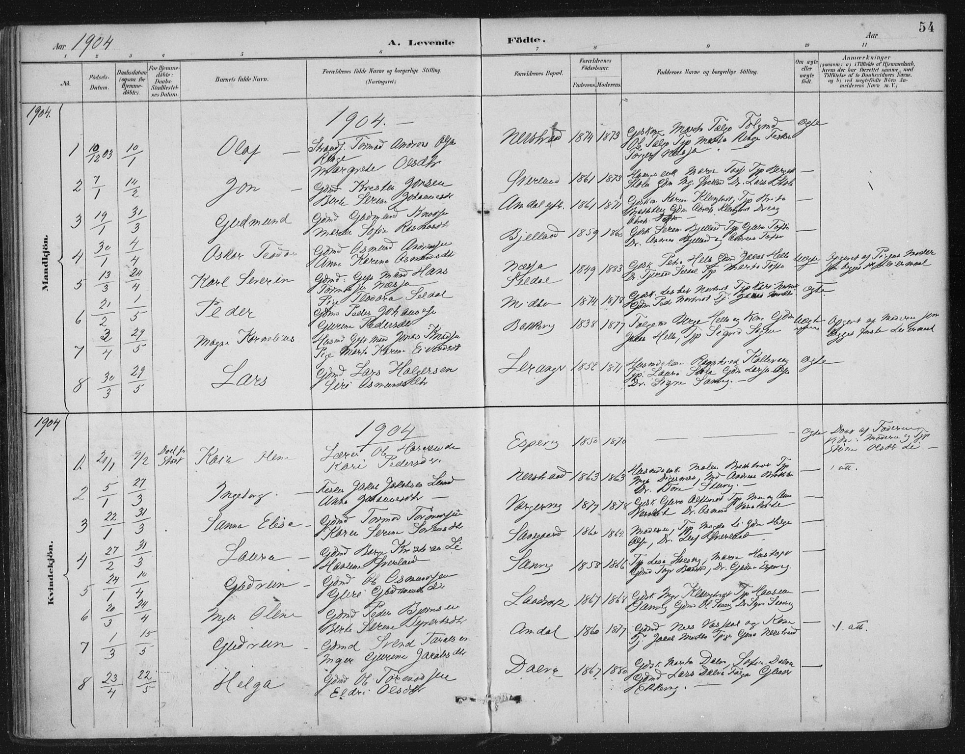 Nedstrand sokneprestkontor, SAST/A-101841/01/IV: Parish register (official) no. A 12, 1887-1915, p. 54