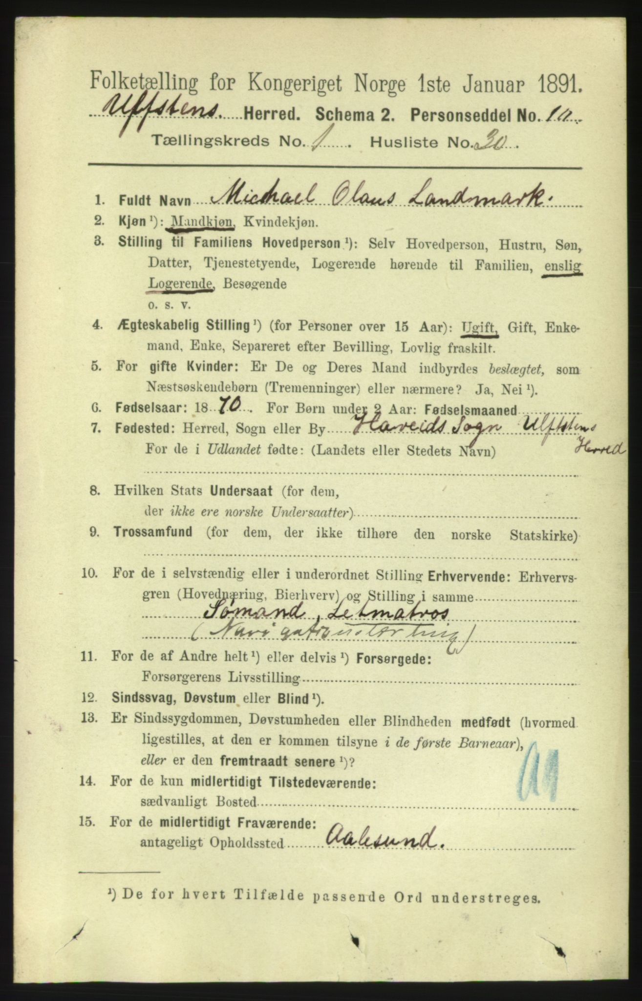 RA, 1891 census for 1516 Ulstein, 1891, p. 250