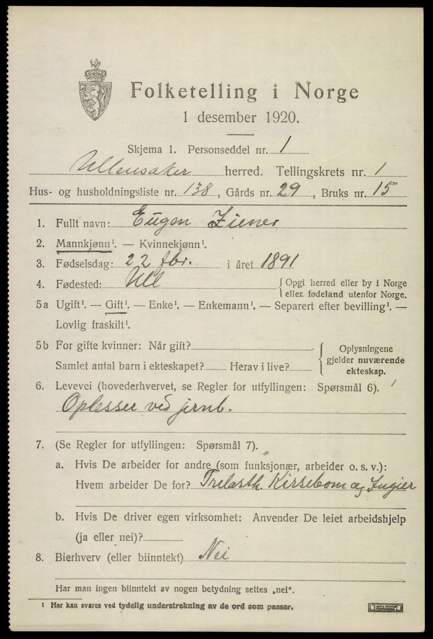 SAO, 1920 census for Ullensaker, 1920, p. 4183
