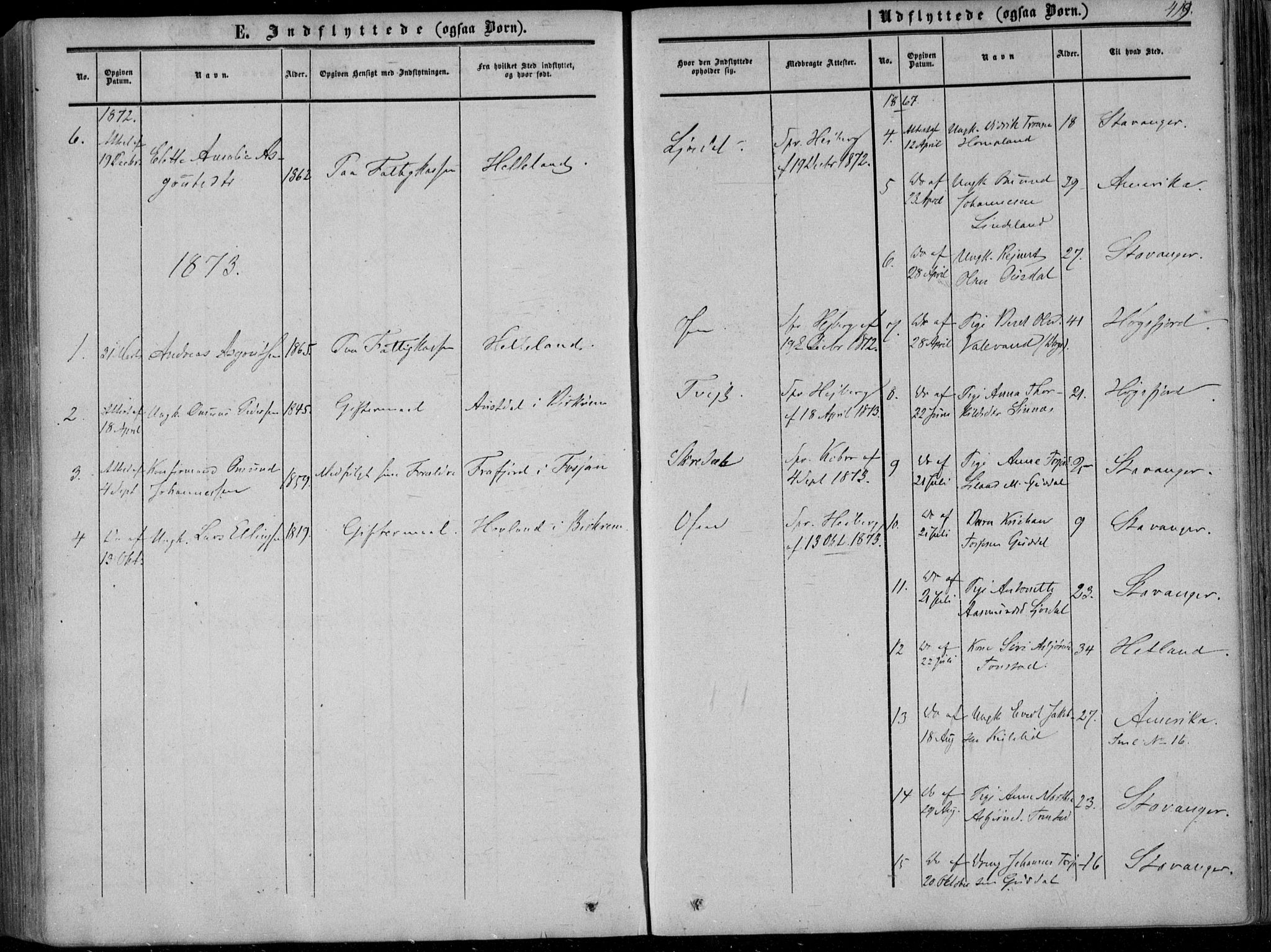 Sirdal sokneprestkontor, SAK/1111-0036/F/Fa/Fab/L0002: Parish register (official) no. A 2, 1855-1874, p. 419