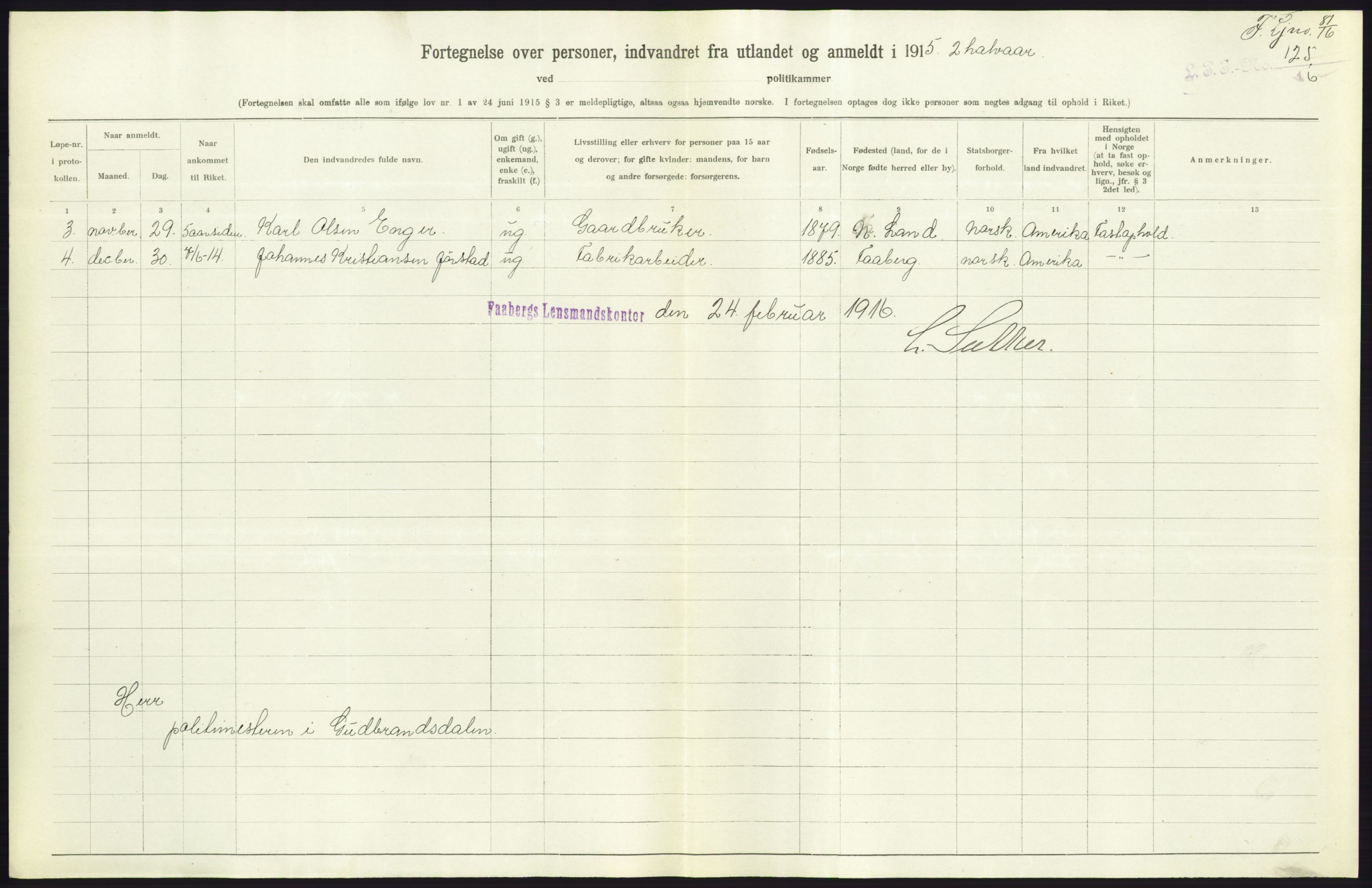 Statistisk sentralbyrå, Sosioøkonomiske emner, Folketellinger, boliger og boforhold, AV/RA-S-2231/F/Fa/L0001: Innvandring. Navn/fylkesvis, 1915, p. 304