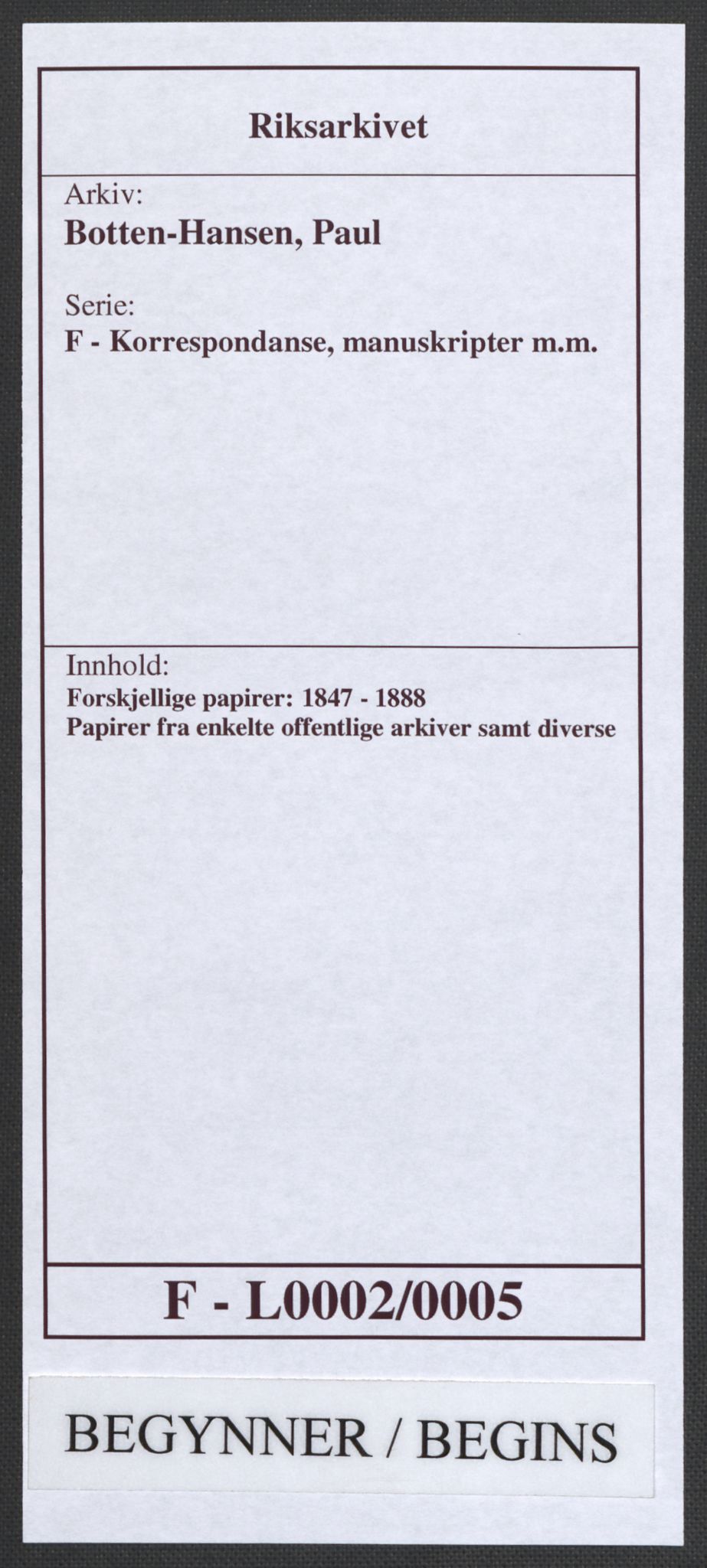 Botten-Hansen, Paul, RA/PA-0017/F/L0002/0005: Forskjellige papirer: / Papirer fra enkelte offentlige arkiver samt diverse, 1824-1869, p. 1