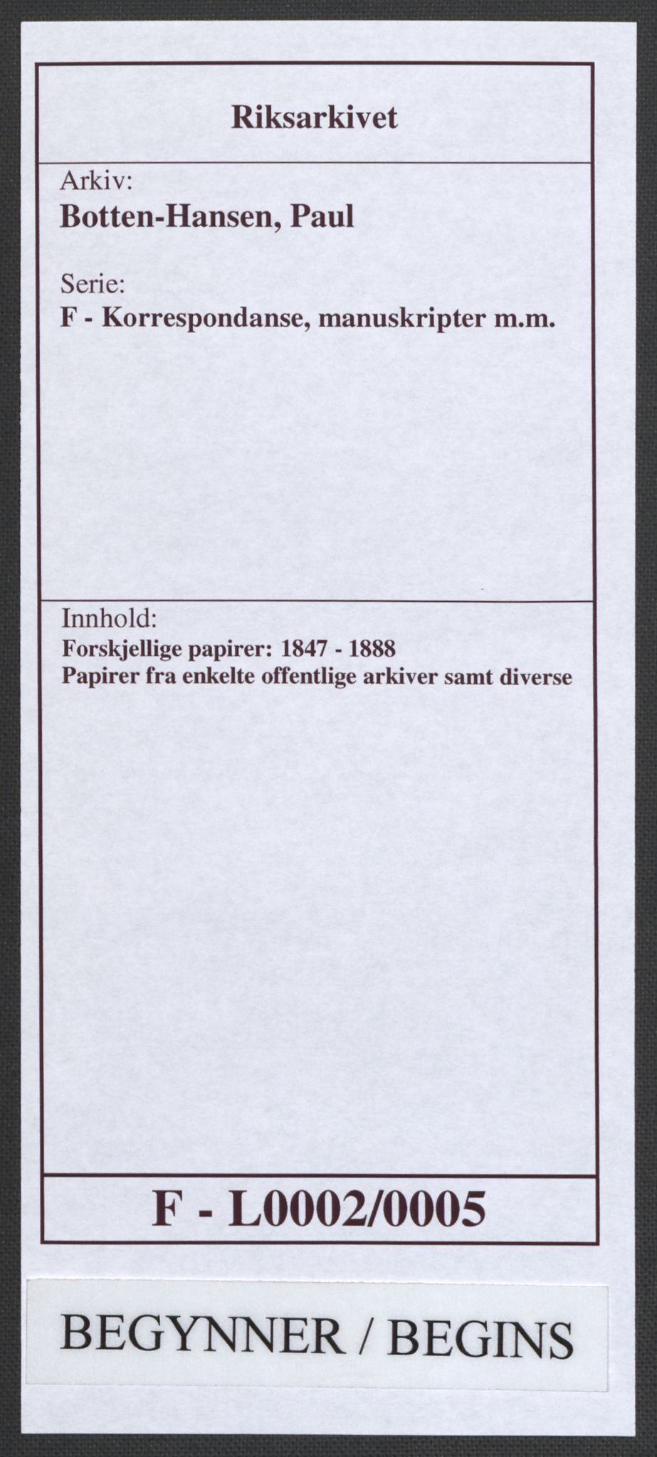 Botten-Hansen, Paul, AV/RA-PA-0017/F/L0002/0005: Forskjellige papirer: / Papirer fra enkelte offentlige arkiver samt diverse, 1824-1869, p. 1
