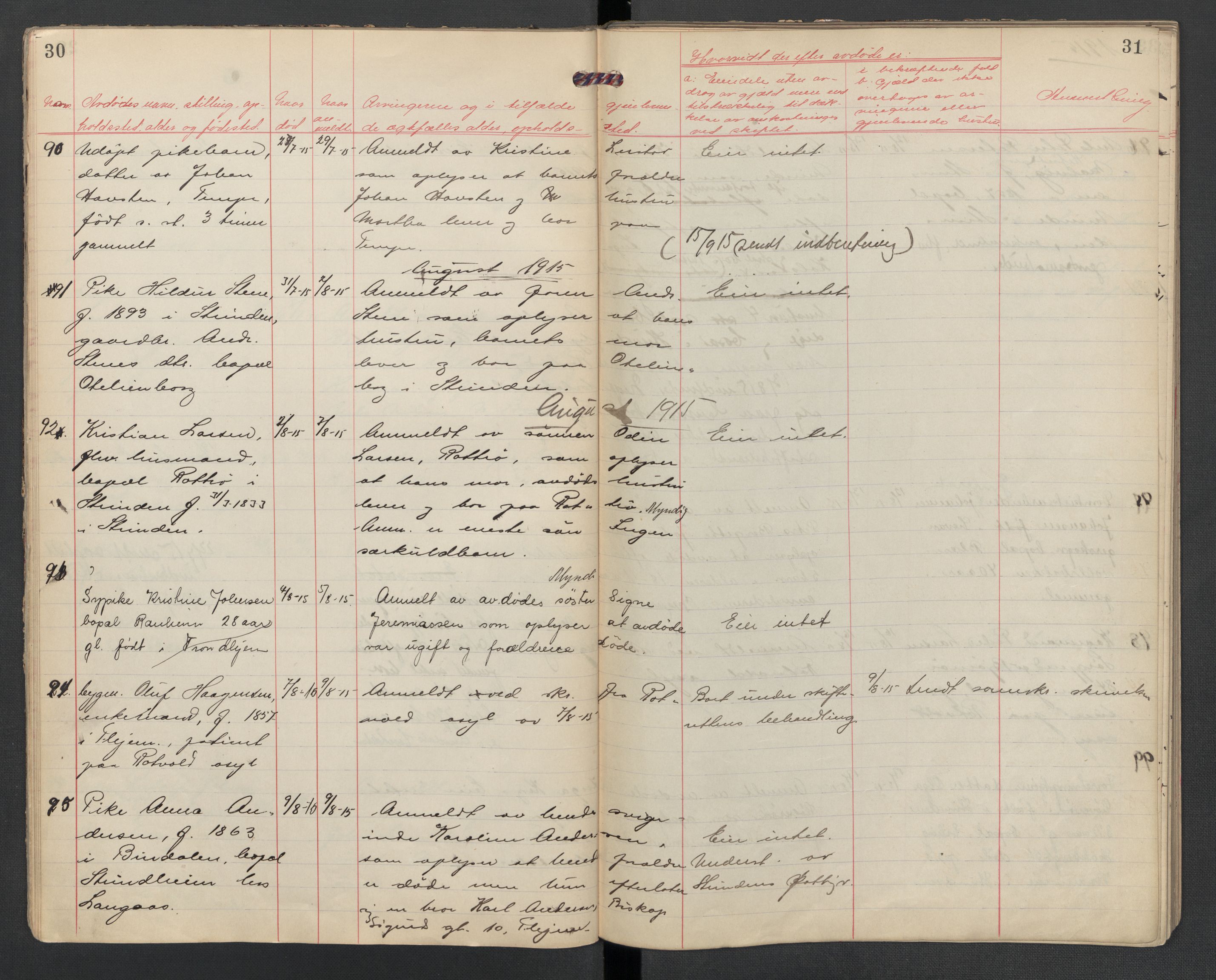 Strinda lensmannskontor, AV/SAT-A-1083/1/02/L0002: 2.01.02 Dødsfallsprotokoll, 1915-1918, p. 30-31