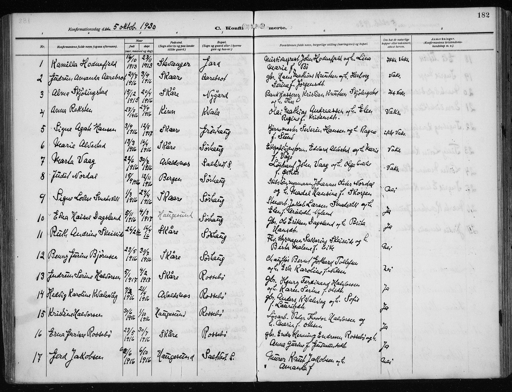 Haugesund sokneprestkontor, AV/SAST-A -101863/H/Ha/Haa/L0010: Parish register (official) no. A 10, 1909-1935, p. 182