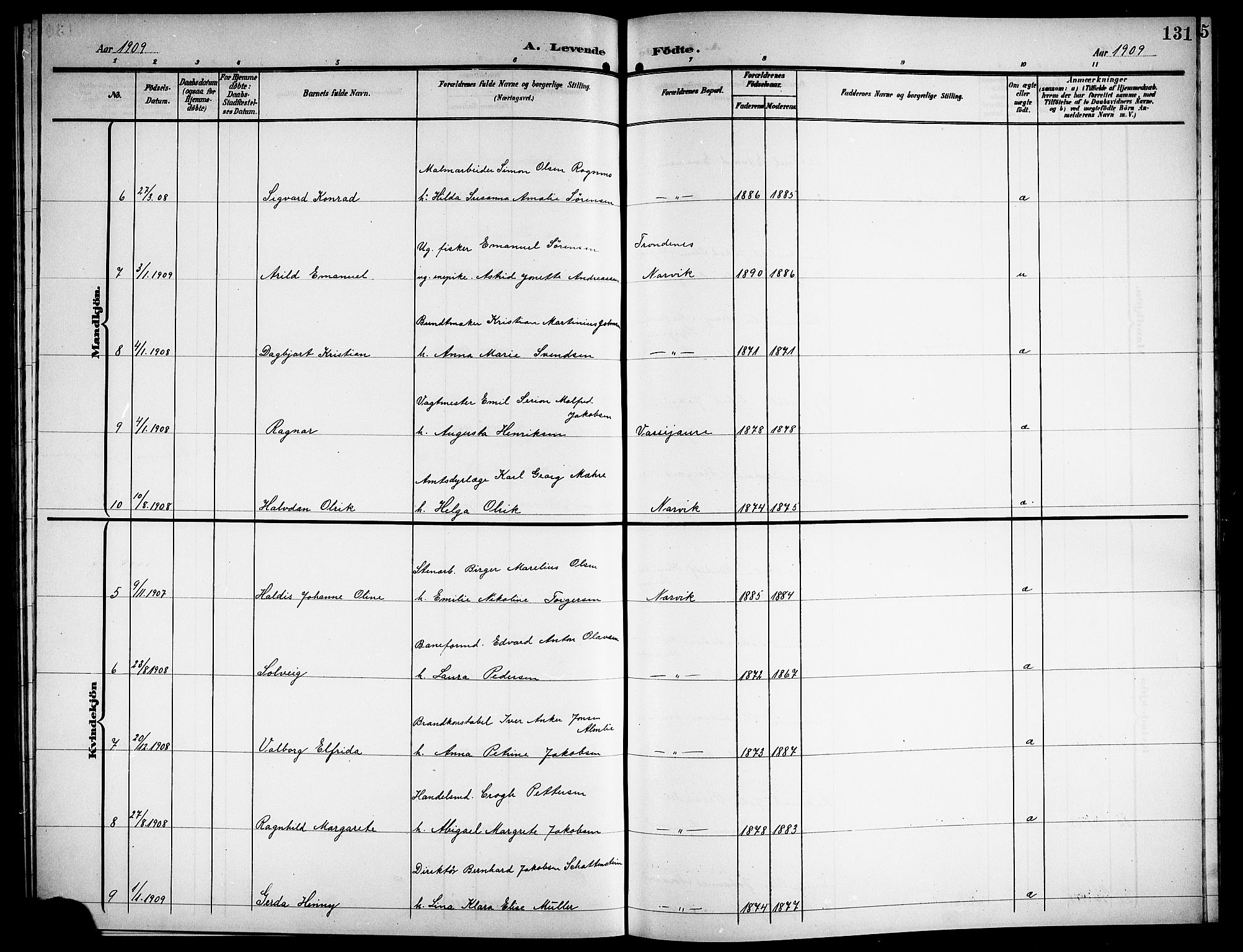 Ministerialprotokoller, klokkerbøker og fødselsregistre - Nordland, AV/SAT-A-1459/871/L1012: Parish register (copy) no. 871C01, 1902-1909, p. 131