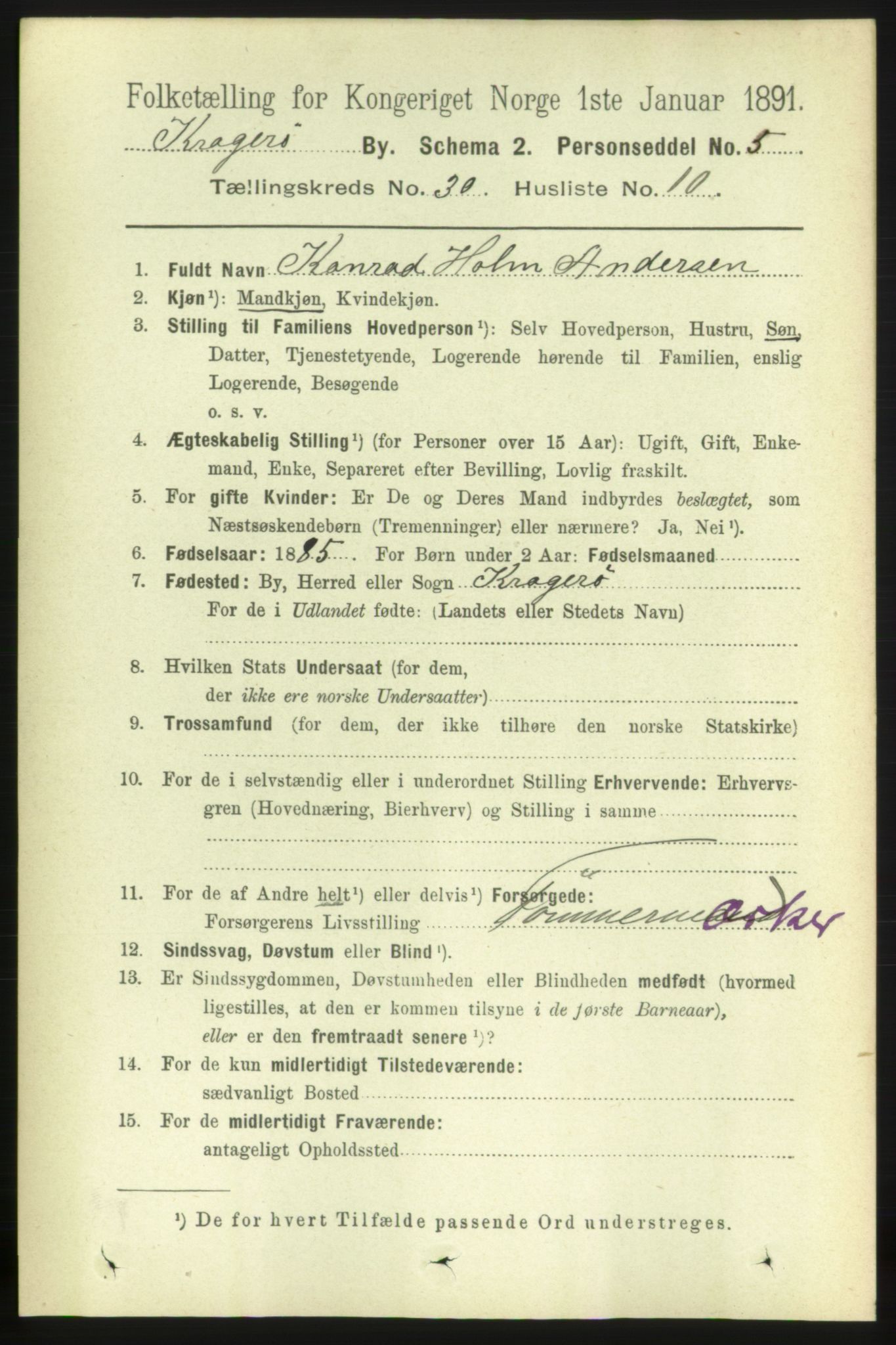 RA, 1891 census for 0801 Kragerø, 1891, p. 5615