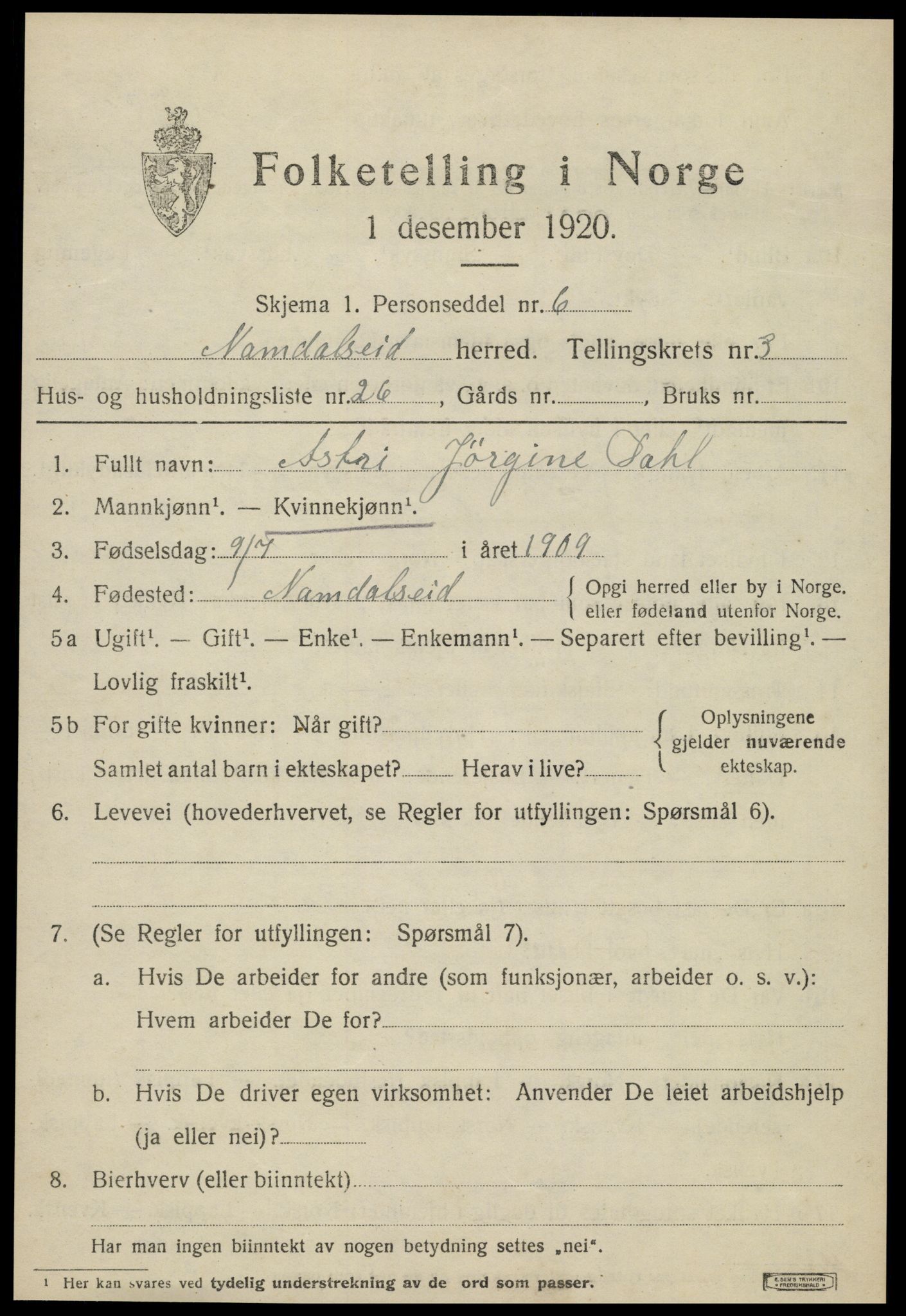 SAT, 1920 census for Namdalseid, 1920, p. 2602