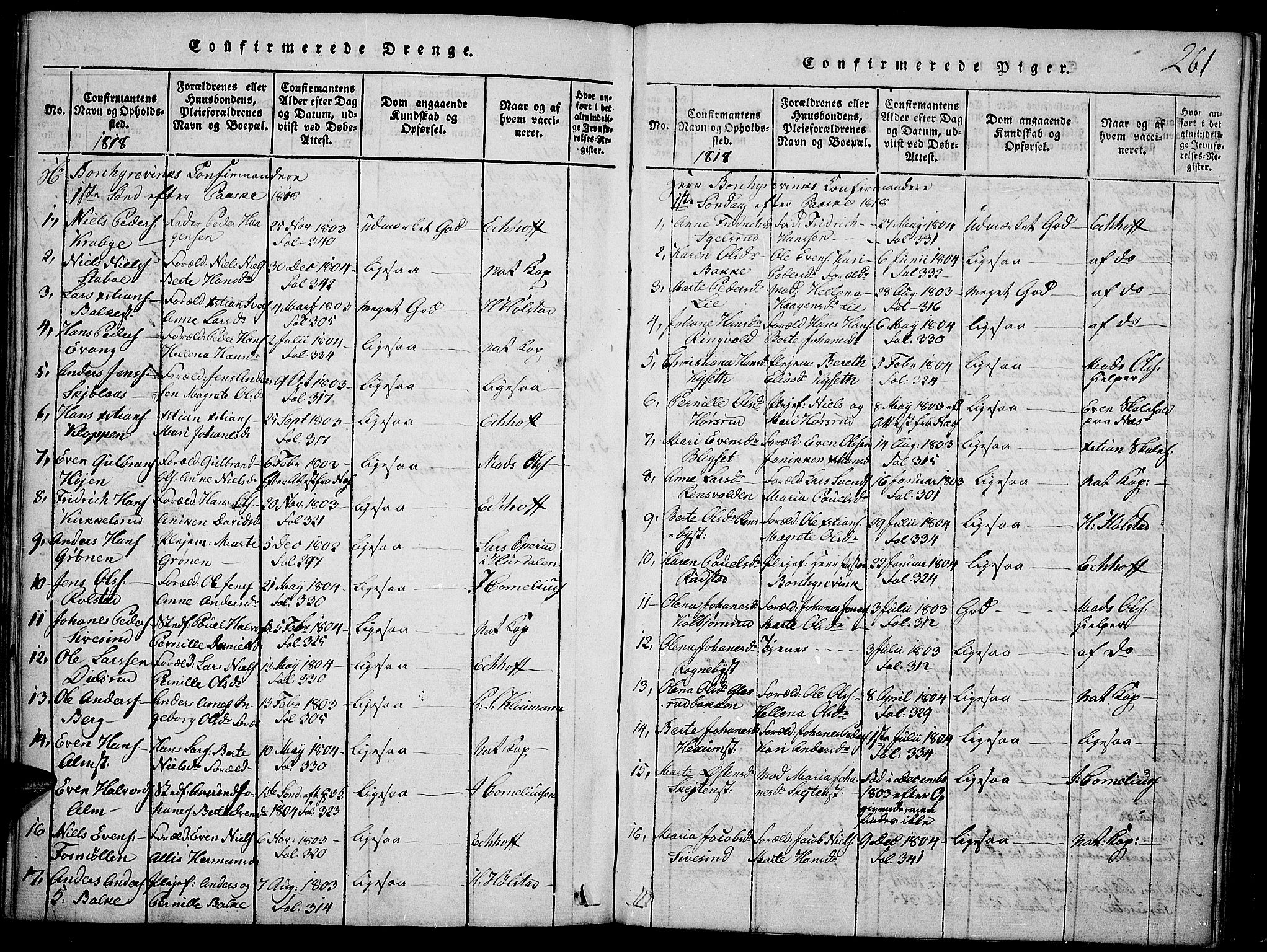 Toten prestekontor, AV/SAH-PREST-102/H/Ha/Haa/L0009: Parish register (official) no. 9, 1814-1820, p. 261