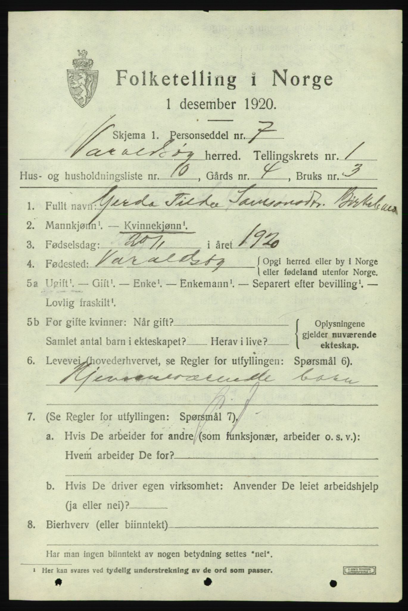 SAB, 1920 census for Varaldsøy, 1920, p. 735