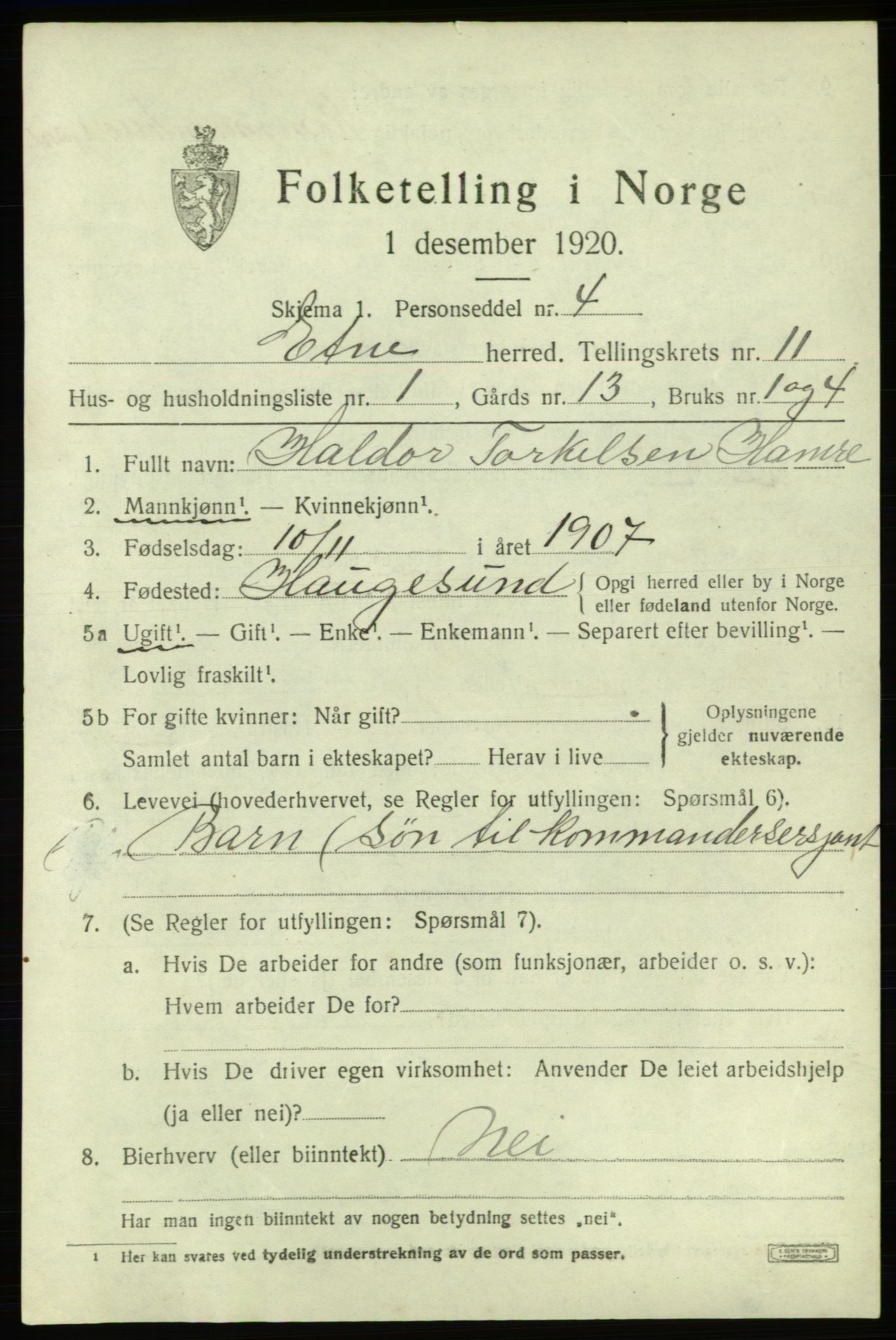 SAB, 1920 census for Etne, 1920, p. 4673