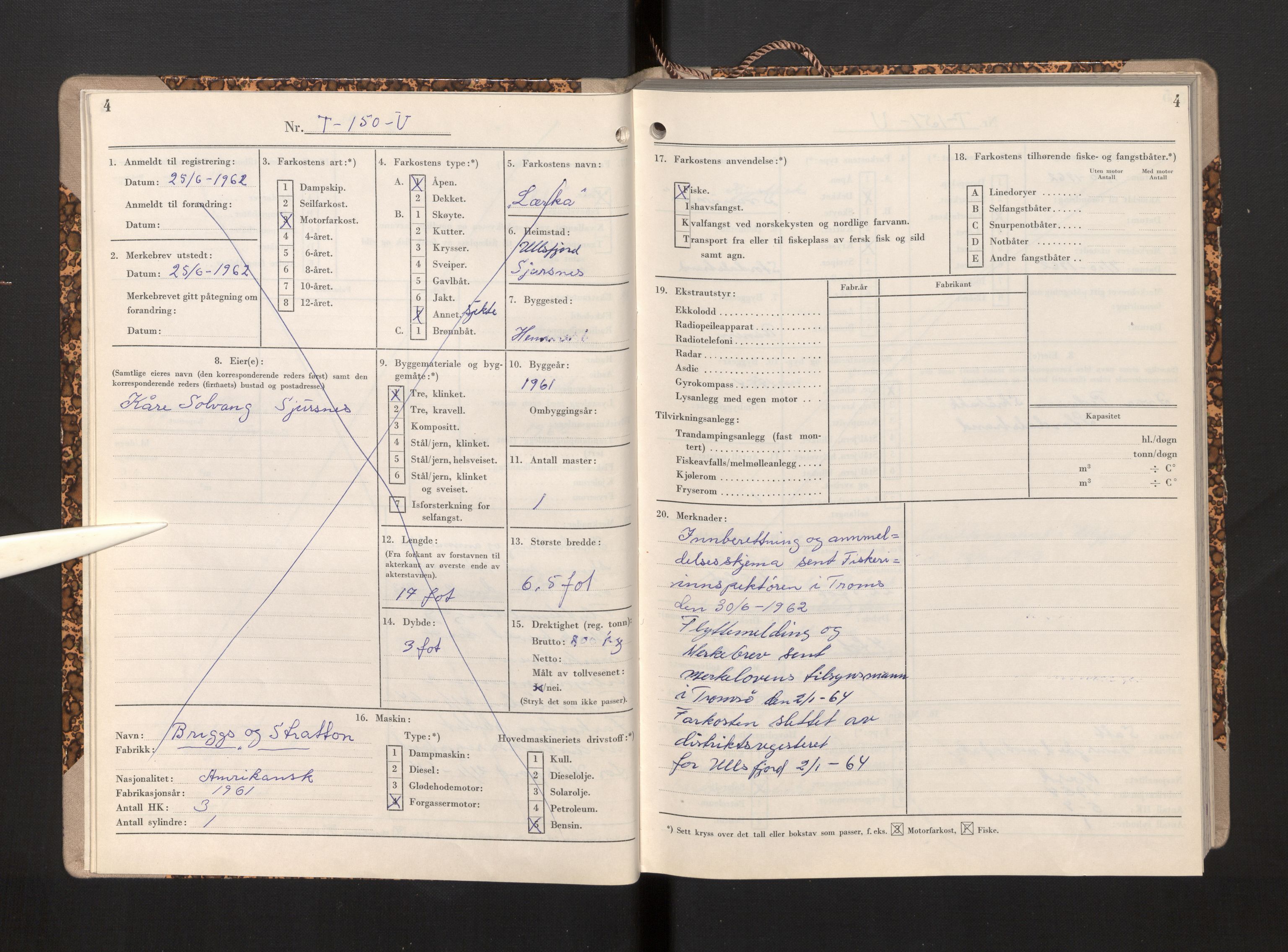 Fiskeridirektoratet - 1 Adm. ledelse - 13 Båtkontoret, AV/SAB-A-2003/I/Ia/Iab/L0087: 135.0233/2  Merkeprotokoll - Ullsfjord, 1962-1963
