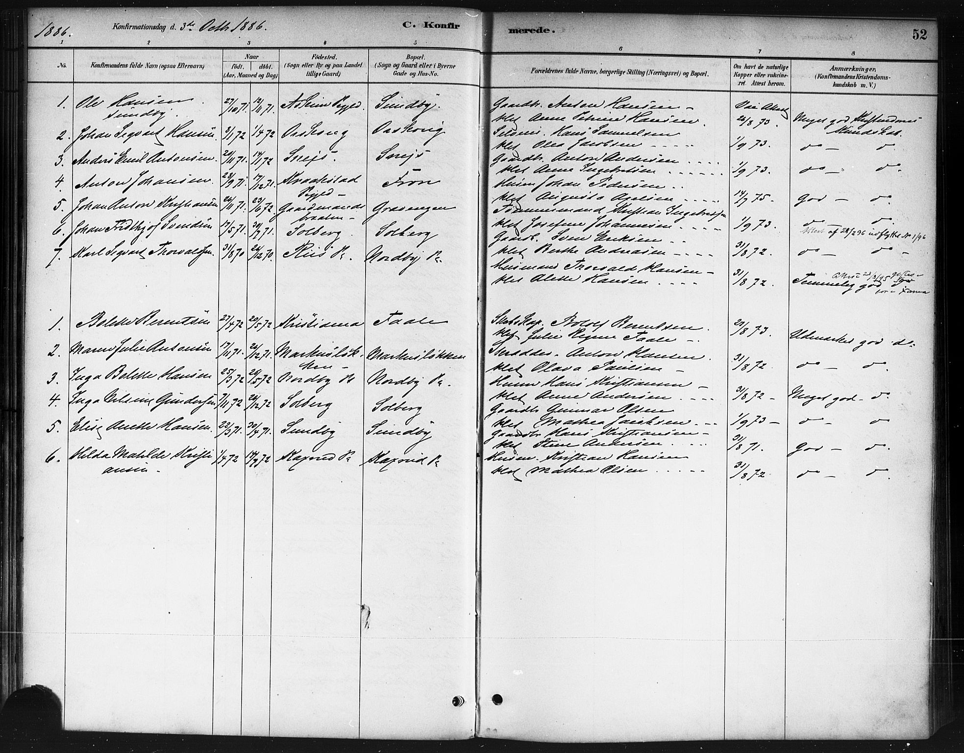 Ås prestekontor Kirkebøker, AV/SAO-A-10894/F/Fb/L0001: Parish register (official) no. II 1, 1881-1895, p. 52