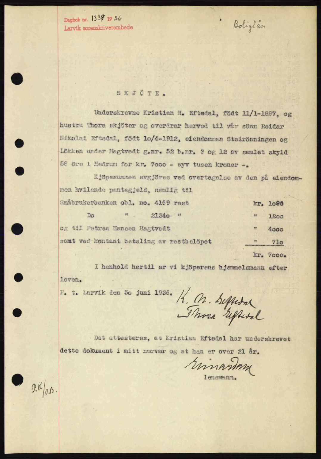 Larvik sorenskriveri, SAKO/A-83/G/Ga/Gab/L0067: Mortgage book no. A-1, 1936-1937, Diary no: : 1339/1936