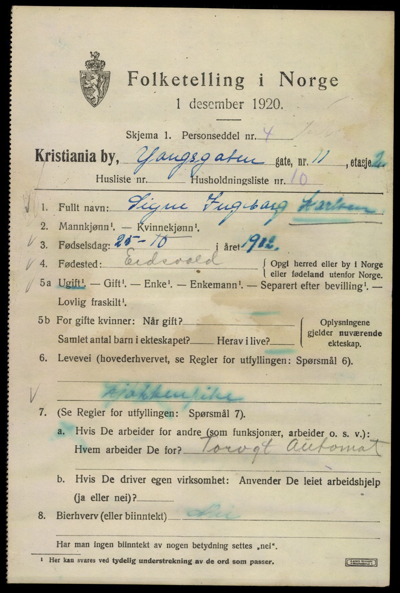 SAO, 1920 census for Kristiania, 1920, p. 654257