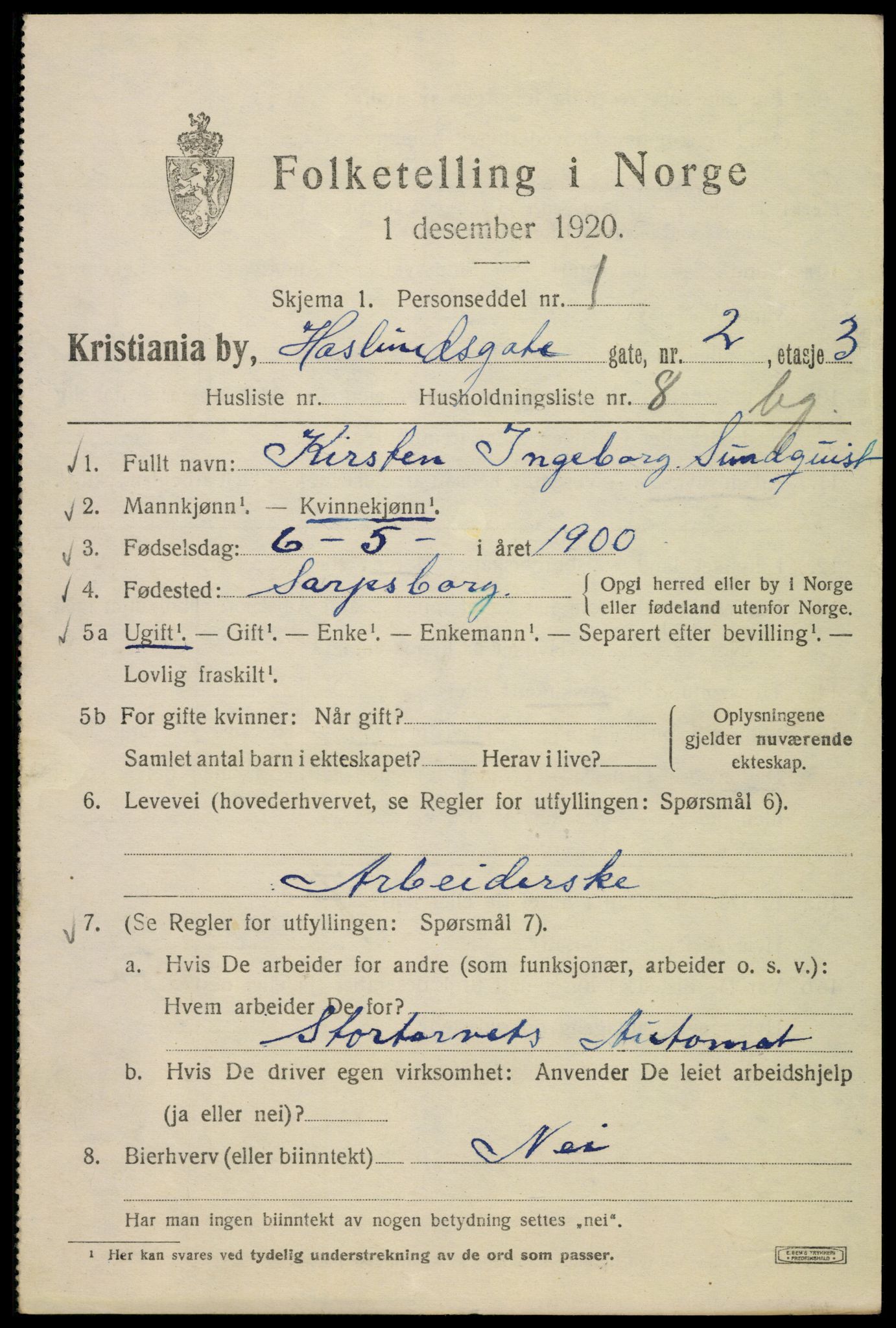 SAO, 1920 census for Kristiania, 1920, p. 272081