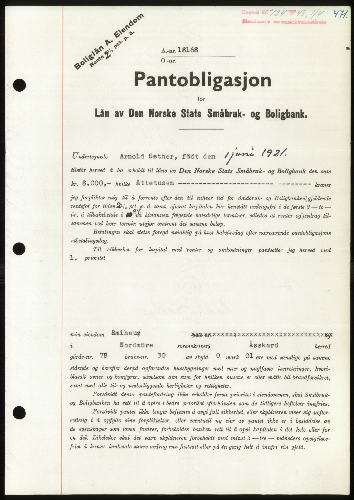 Nordmøre sorenskriveri, AV/SAT-A-4132/1/2/2Ca: Mortgage book no. B98, 1948-1948, Diary no: : 734/1948