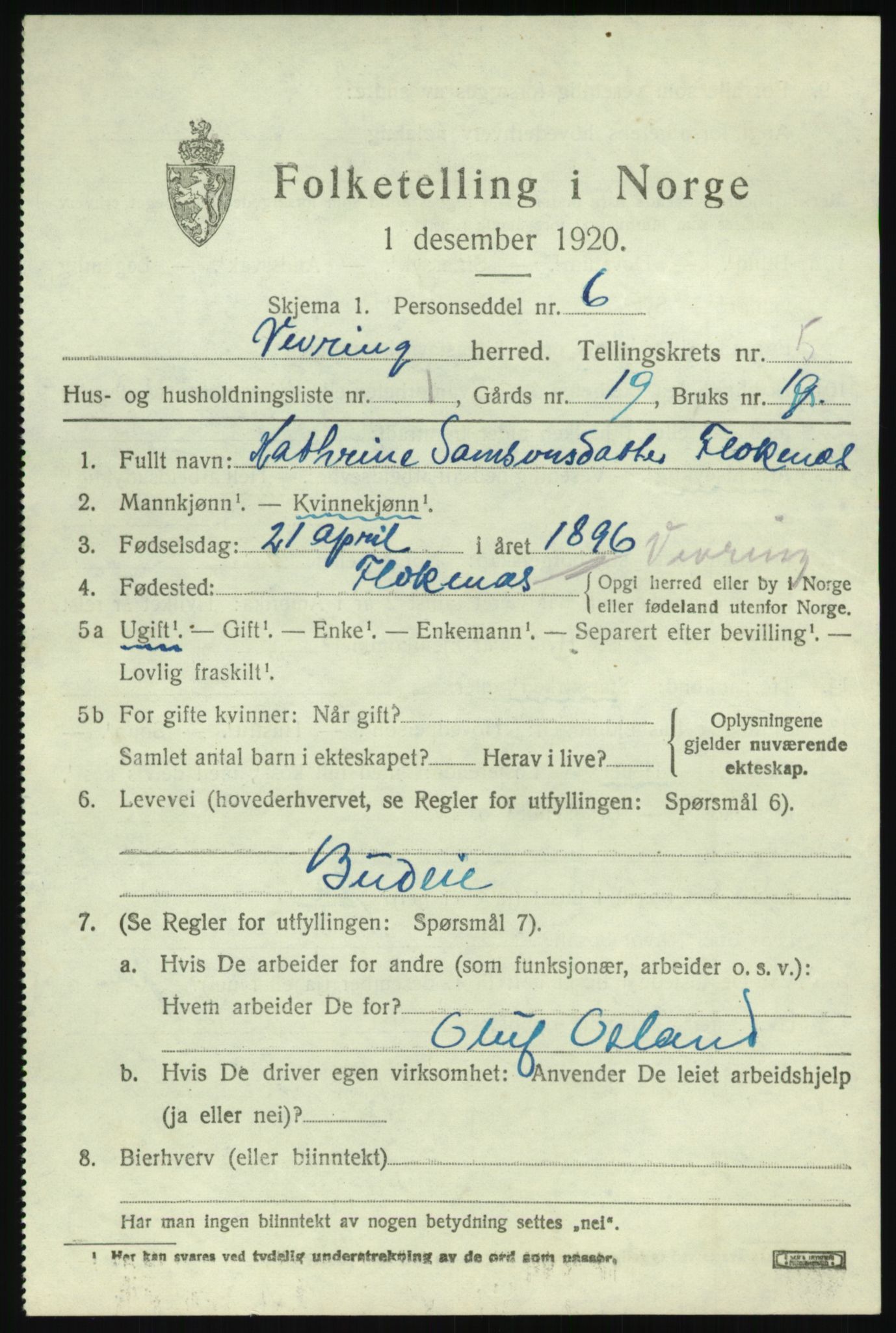 SAB, 1920 census for Vevring, 1920, p. 1426