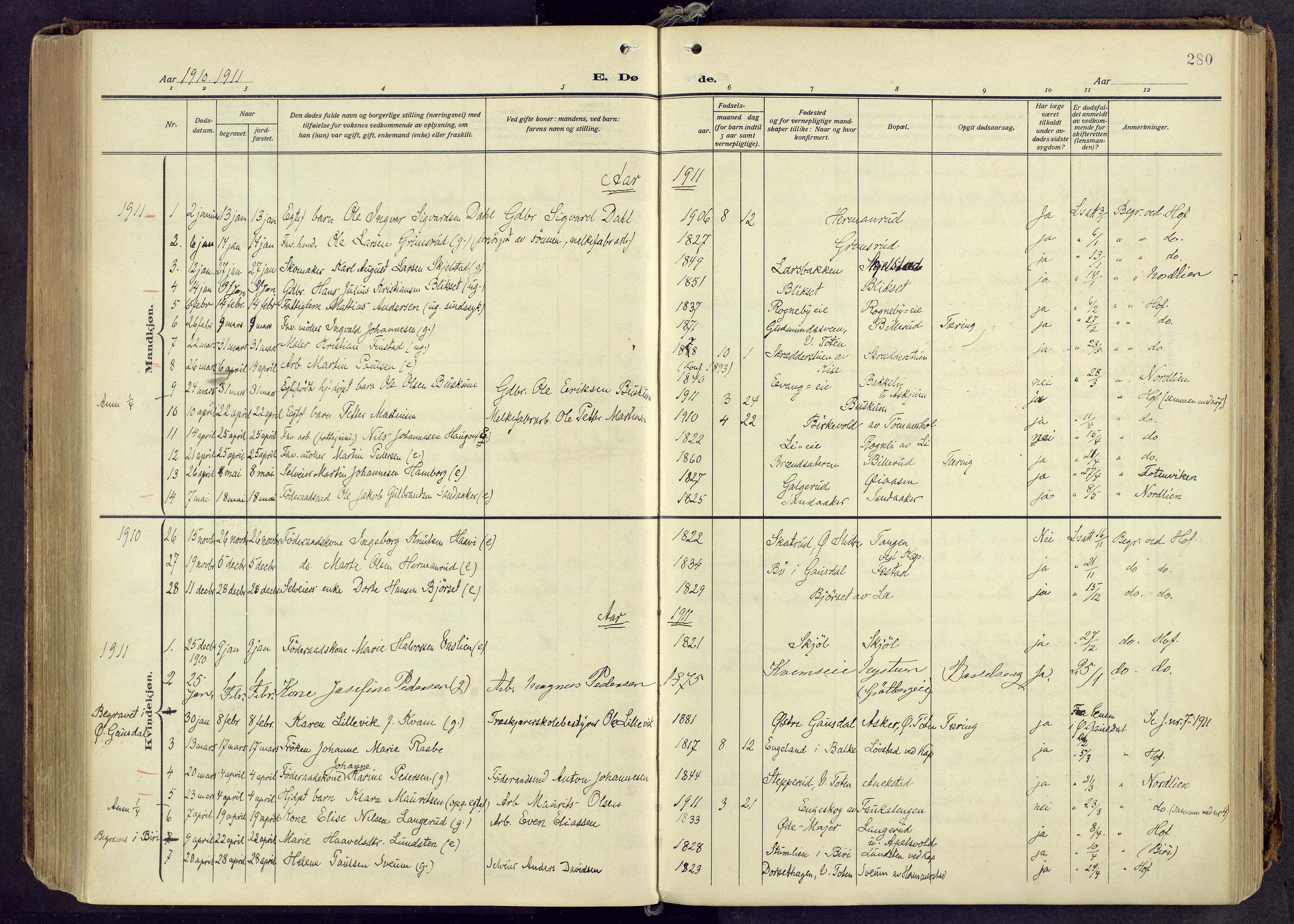 Østre Toten prestekontor, AV/SAH-PREST-104/H/Ha/Haa/L0010: Parish register (official) no. 10, 1910-1920, p. 280