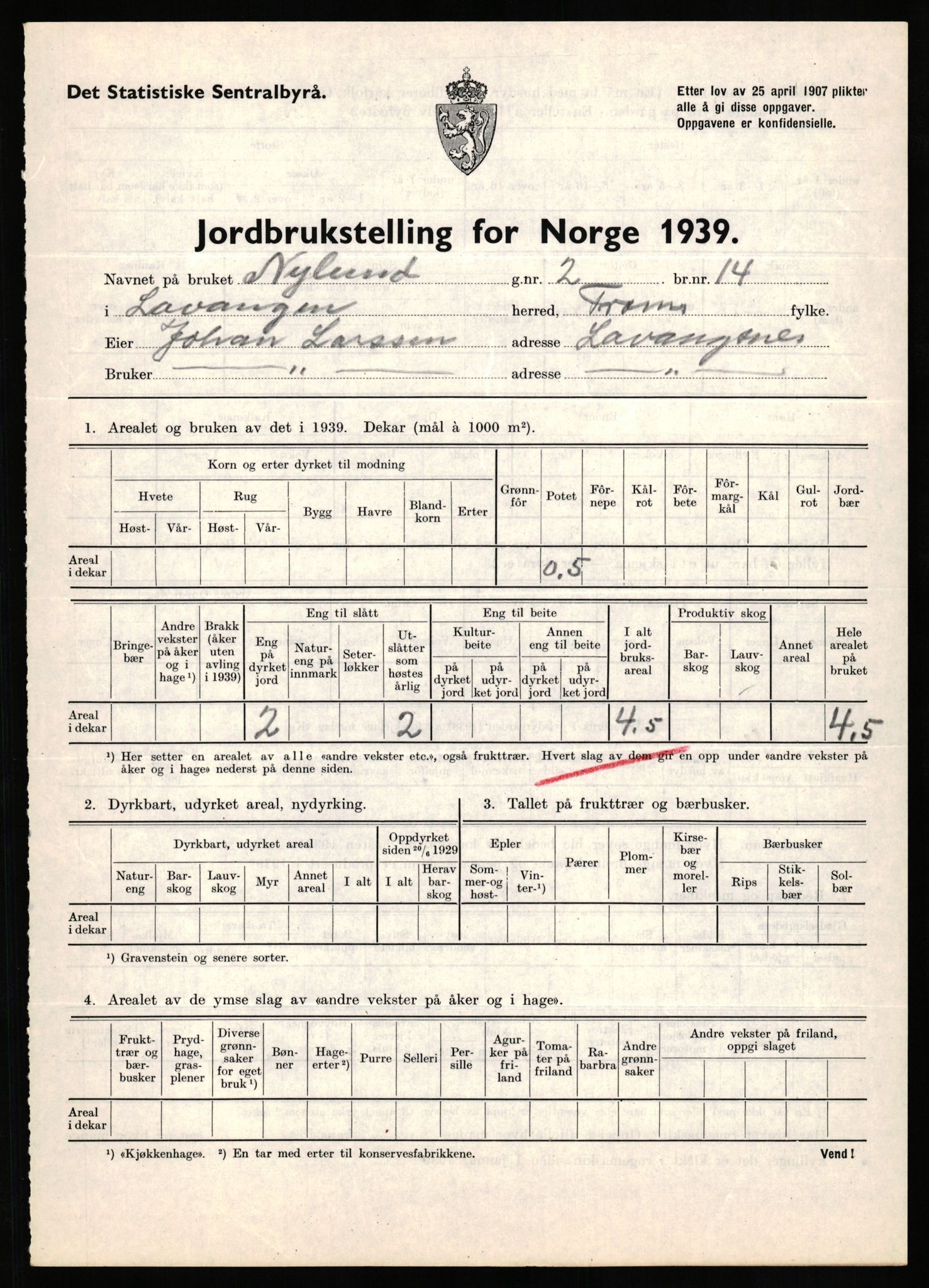 Statistisk sentralbyrå, Næringsøkonomiske emner, Jordbruk, skogbruk, jakt, fiske og fangst, AV/RA-S-2234/G/Gb/L0339: Troms: Andørja, Astafjord og Lavangen, 1939, p. 893