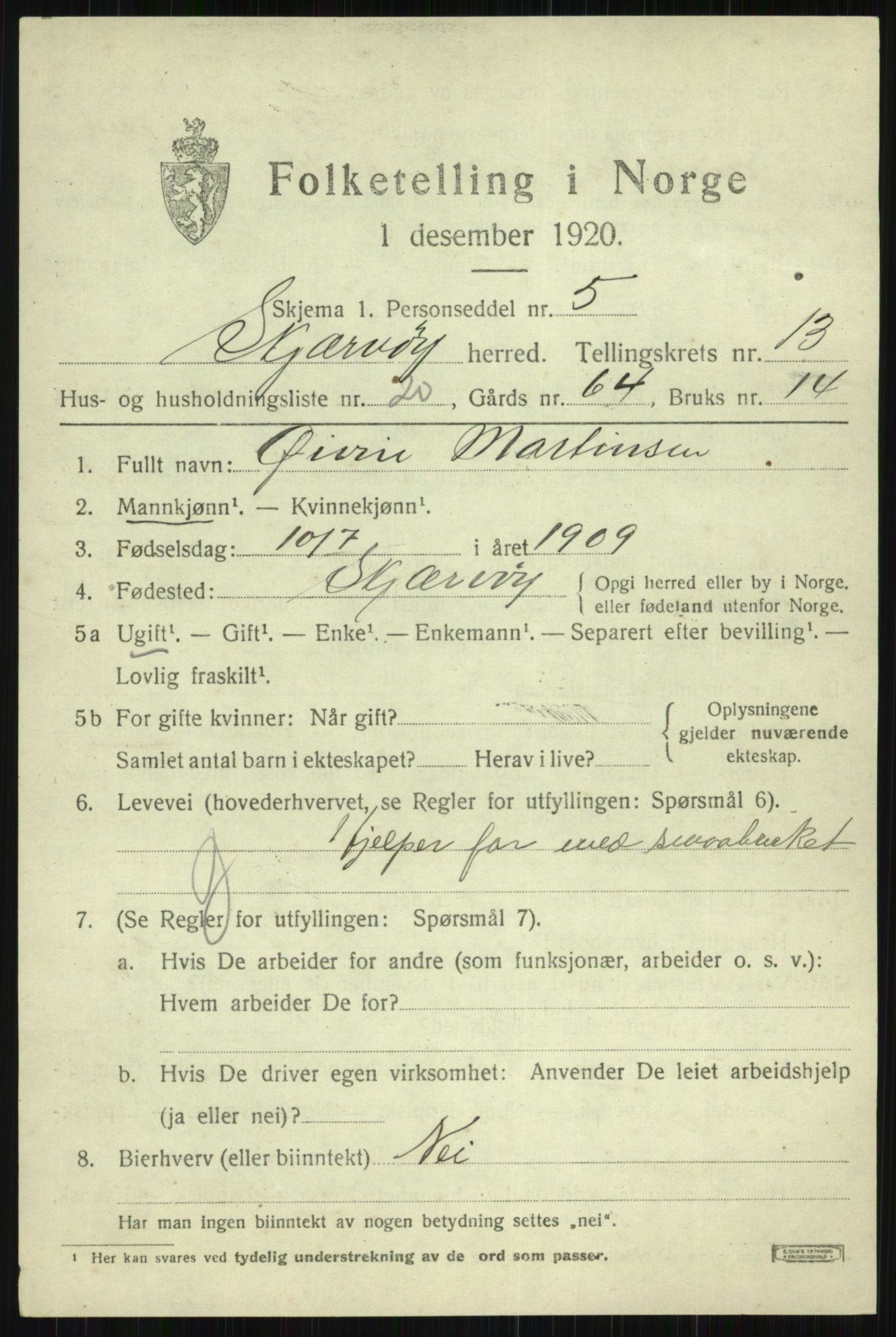 SATØ, 1920 census for Skjervøy, 1920, p. 6643
