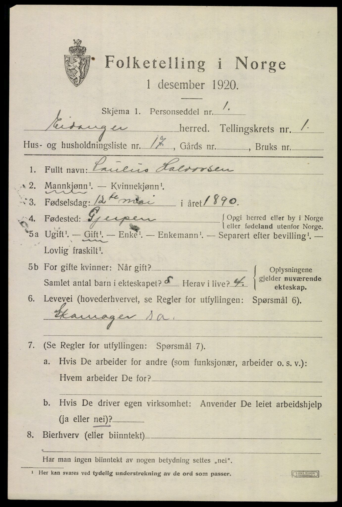 SAKO, 1920 census for Eidanger, 1920, p. 1814