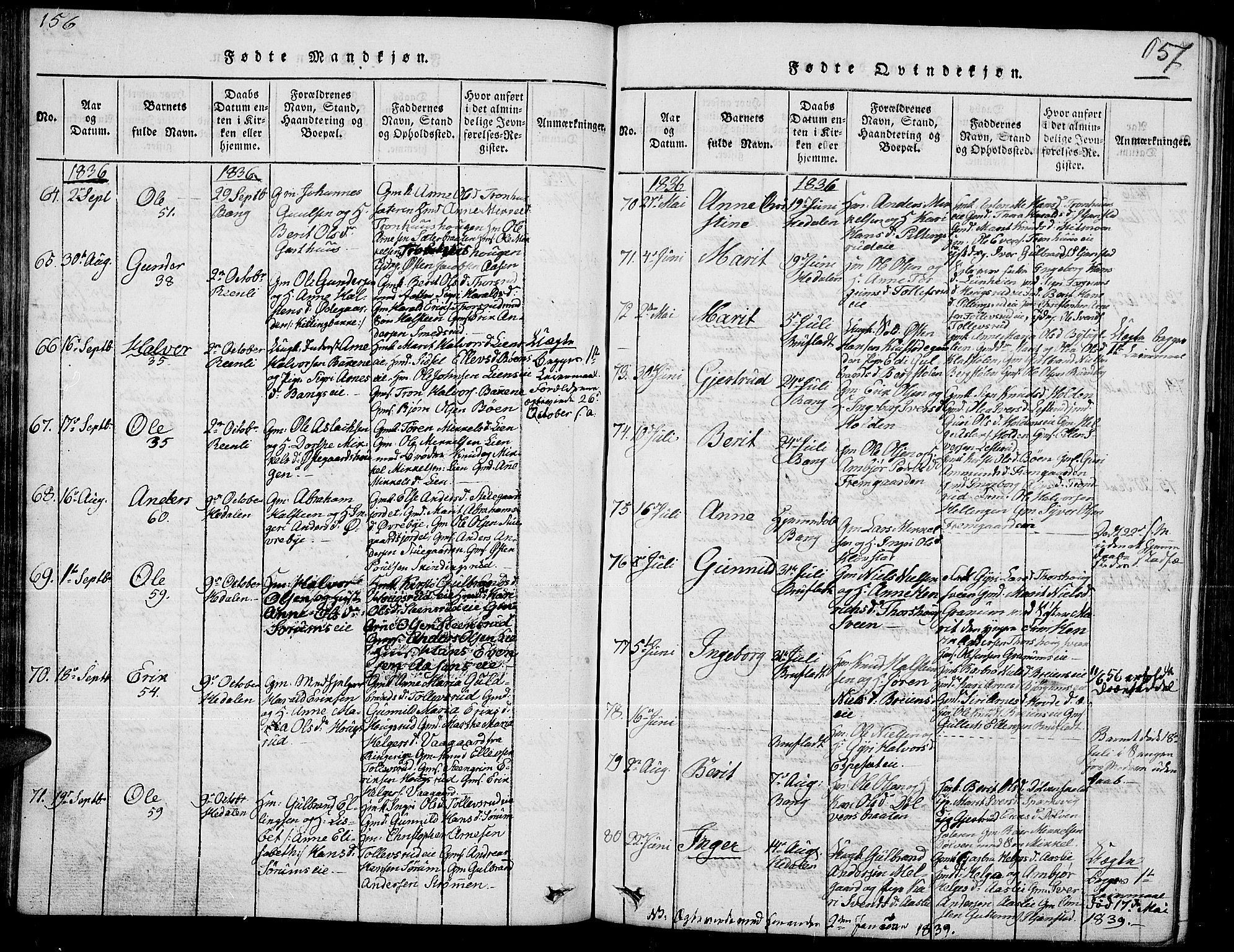 Sør-Aurdal prestekontor, SAH/PREST-128/H/Ha/Hab/L0002: Parish register (copy) no. 2, 1826-1840, p. 156-157