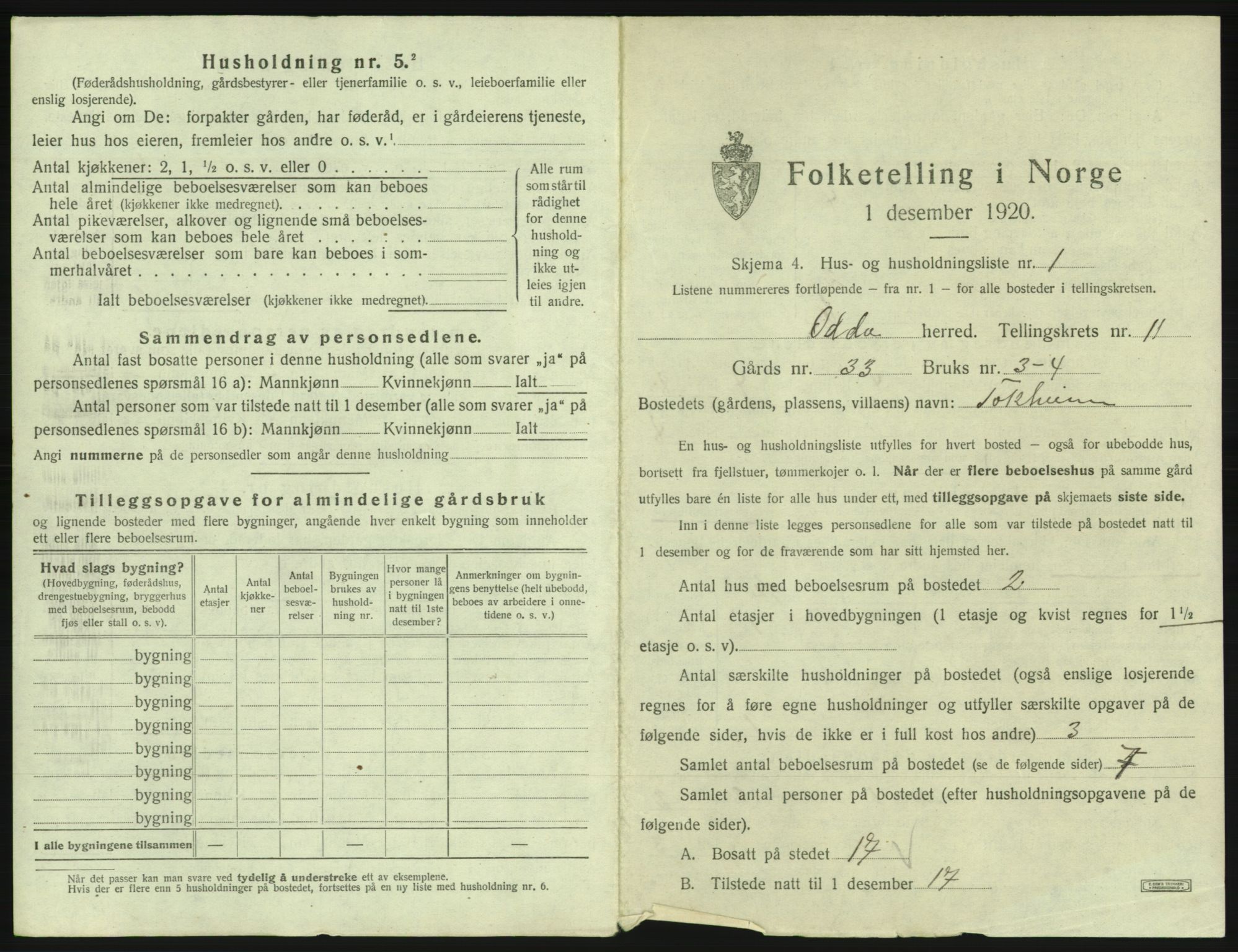 SAB, 1920 census for Odda, 1920, p. 1013