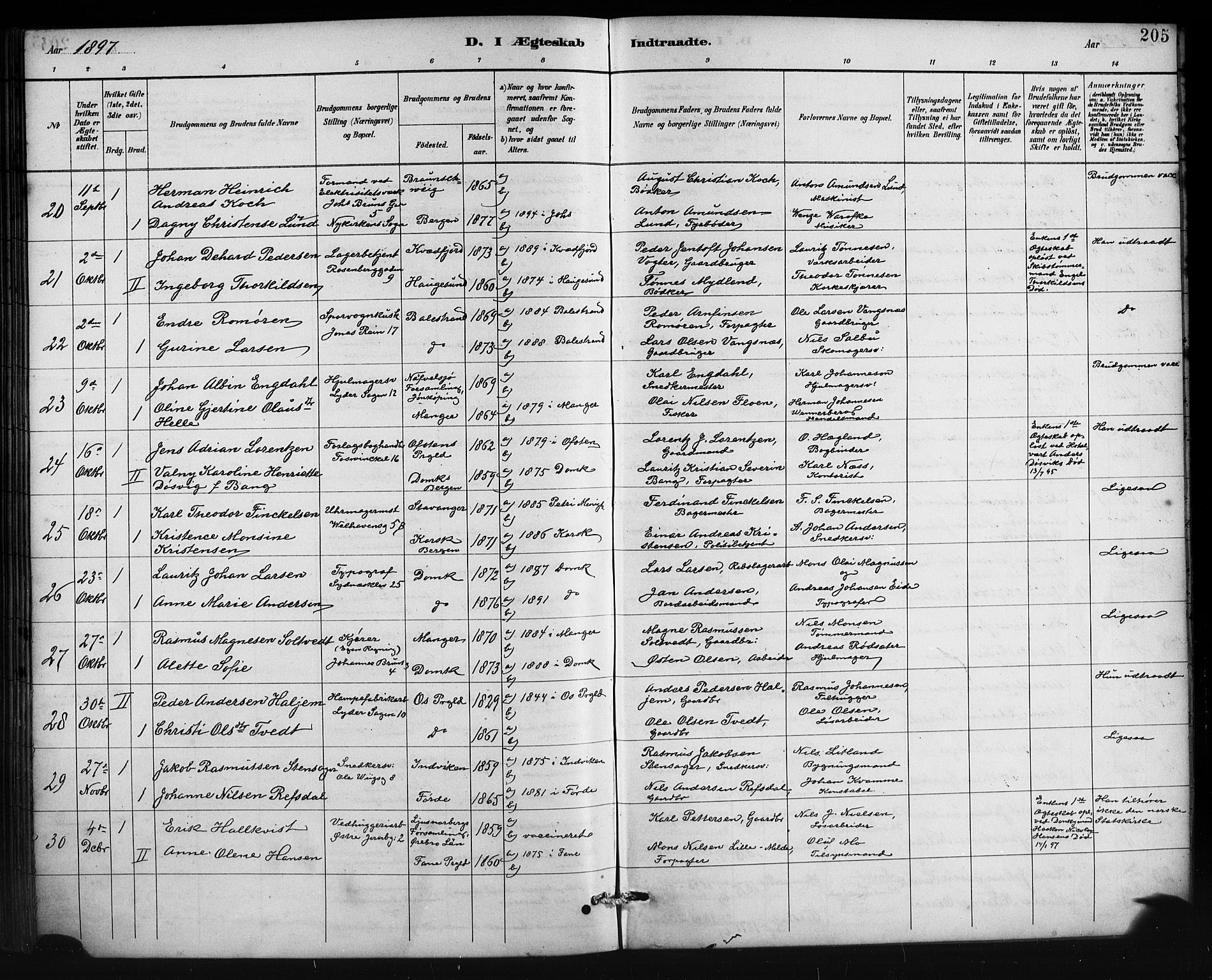 Johanneskirken sokneprestembete, SAB/A-76001/H/Hab: Parish register (copy) no. C 1, 1885-1912, p. 205